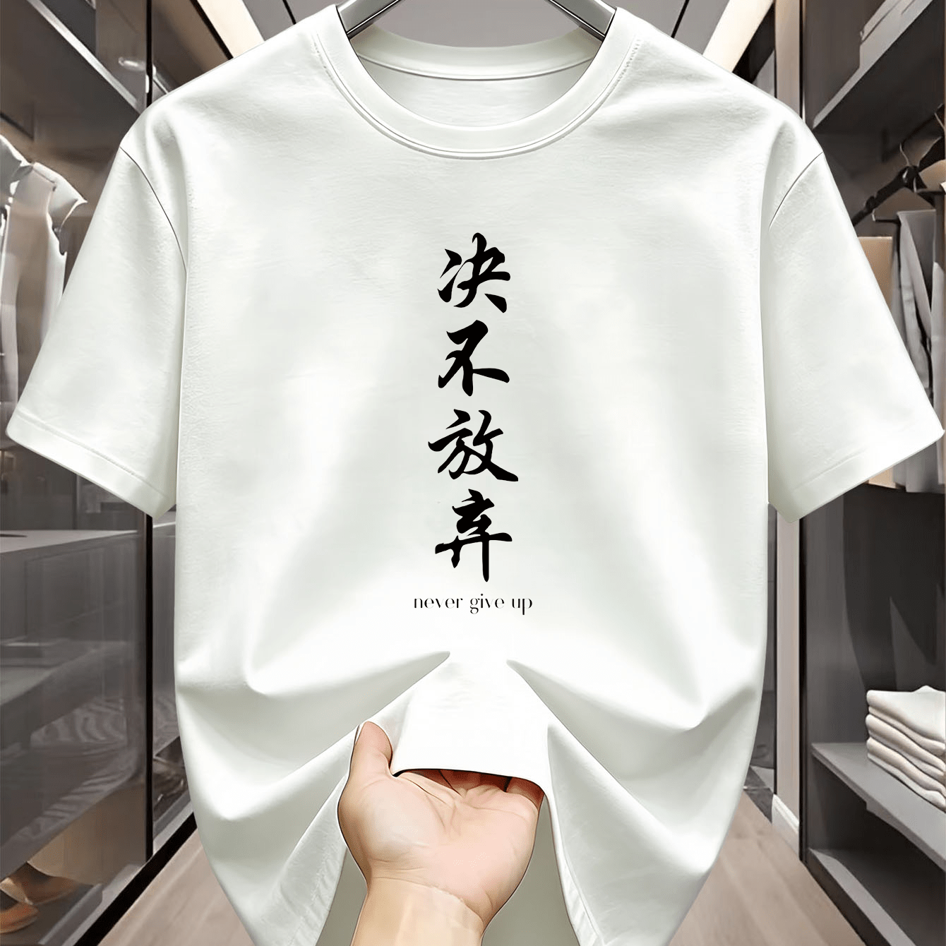 TEMU Men's Quick-dry Breathable Stretch T-shirt With Chinese Character Print - Lightweight Summer Crew Neck Short Sleeve Shirt Suitable For Casual
