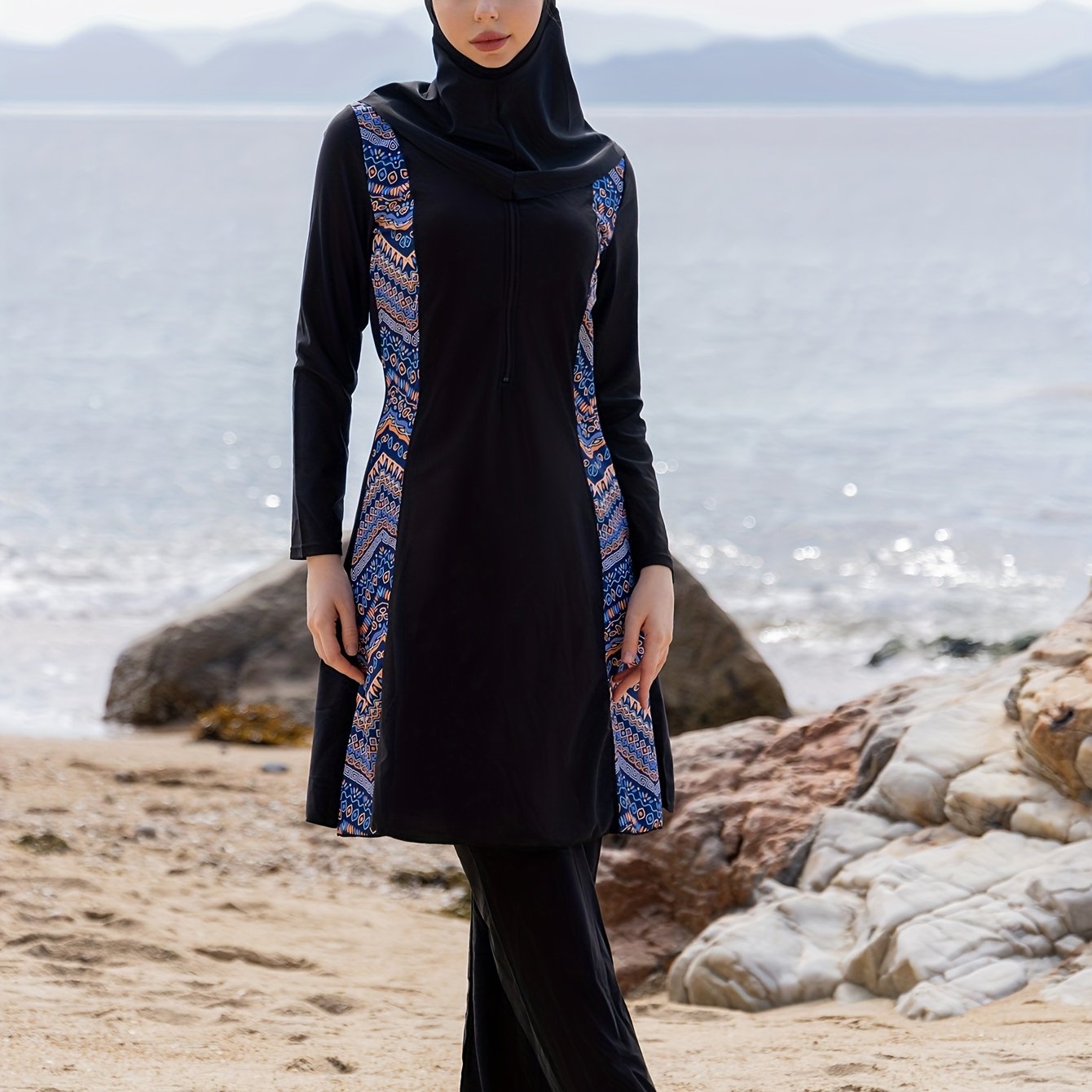 Image of Middle Eastern Style Ramadan Women's 3pcs Set With Hat, Ethnic Pattern Conservative Burkini Full-body Swimsuit For Women, Summer Beachwear