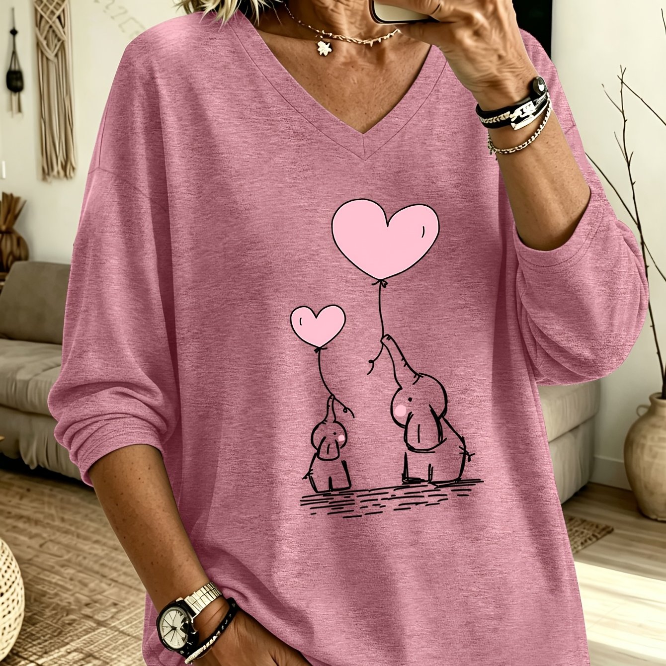 TEMU Plus Size, /summer Plus-size Women's Fashion Elephant Mom And Elephant Long-sleeve V-neck T-shirt, Rayon - Soft, , Machine Washable, Loose ,
