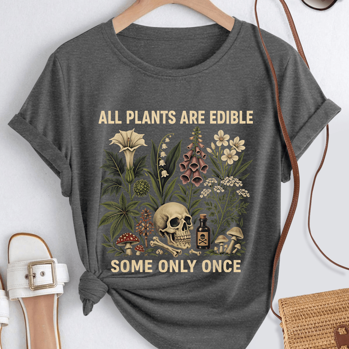 TEMU Women's Vintage Plant - Botanical Toxic Themed Short Sleeve Top, Loose Fit Round Neck Casual Suitable For Plant Lovers, Spring Summer Fall