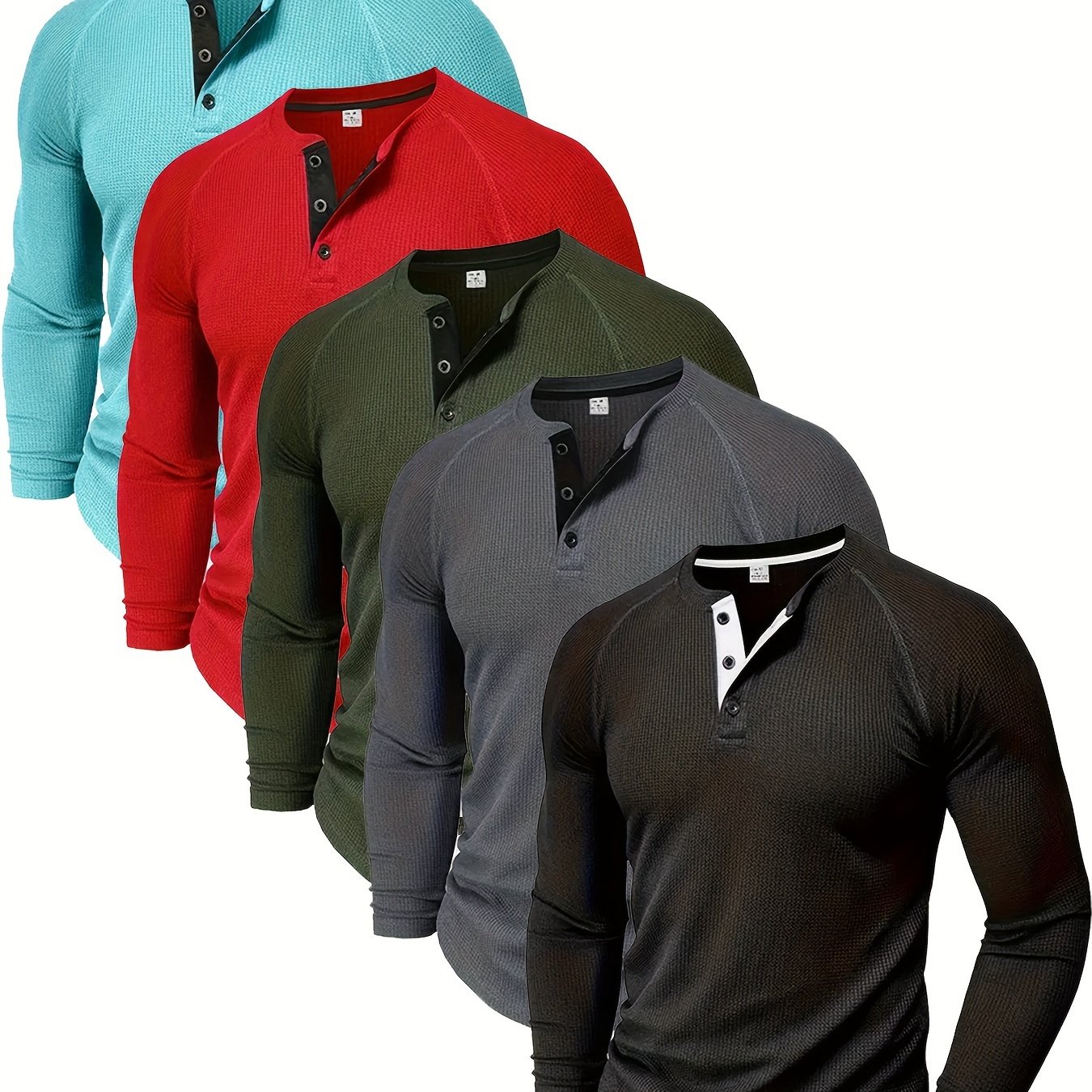 TEMU 5 Casual Solid Color Henry Shirts For Men, Featuring Round Neck And Half-button Long Sleeves, Ideal For Outdoor Activities And Autumn, Model