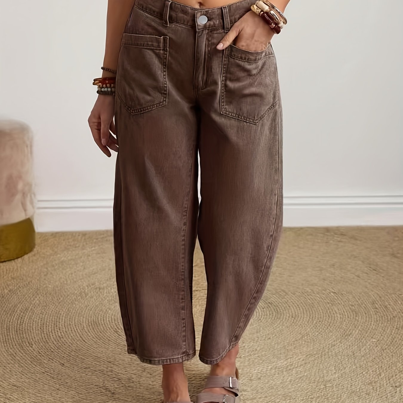 Image of Women's Stretch Jeans, Coffee Color, Casual All-match Style, Button Closure, Elastic Waist, , Casual Outing Wear, Festive Elegant Outfit