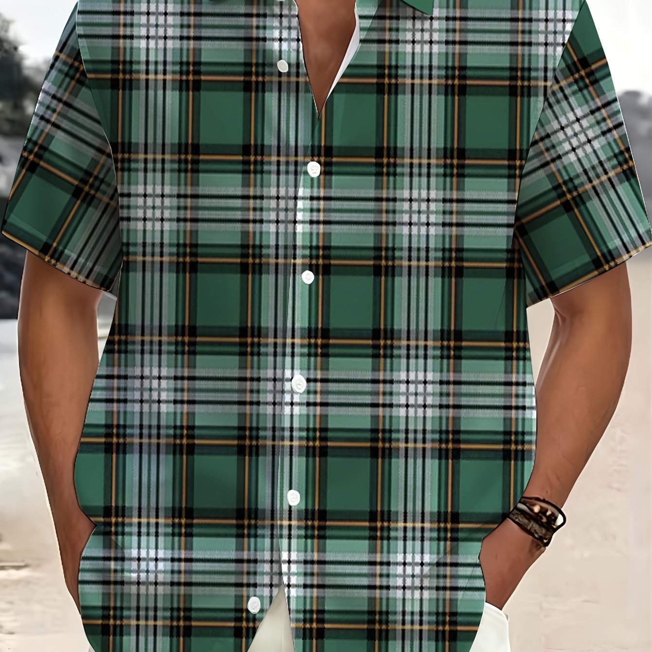 TEMU [plus Size Men] Casual Short-sleeve Shirt, Striped Checkered Element Pattern Print, Beach Leisure Vacation, Suitable For Street Outdoor Wear,