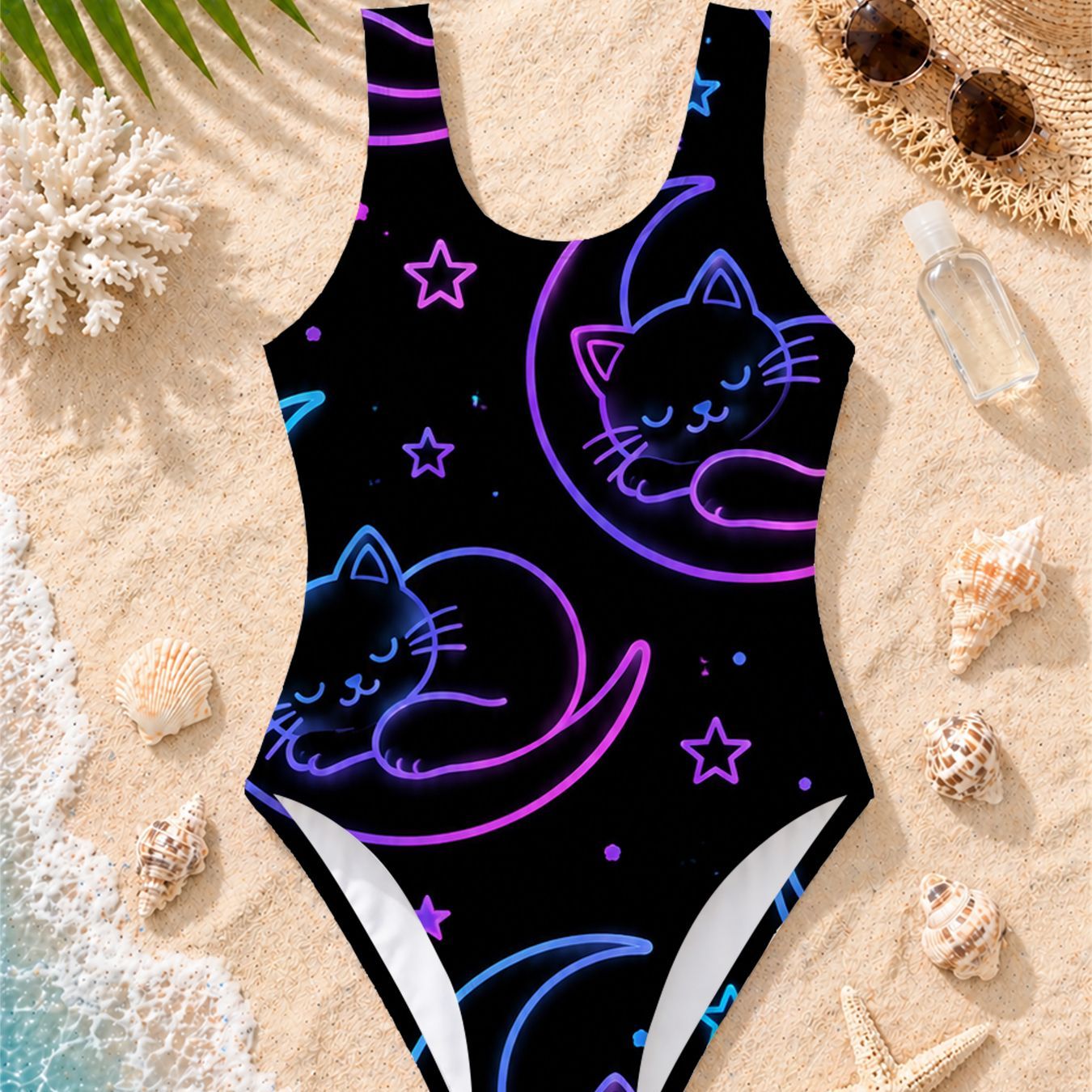 Girls' Swimsuit, Cat And Moon Pattern, Beach Scene Swimming Pool