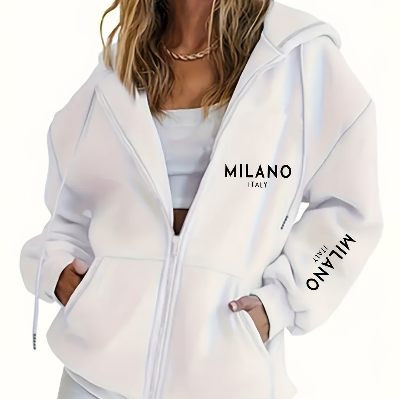 E-shop Damen dick gefütterter Kapuzen-Reißverschluss-Sweatshirt, warmer bequemer Pullover mit Buchstaben-Print, Kordelzug-Kapuze, Kängurutasche, für
