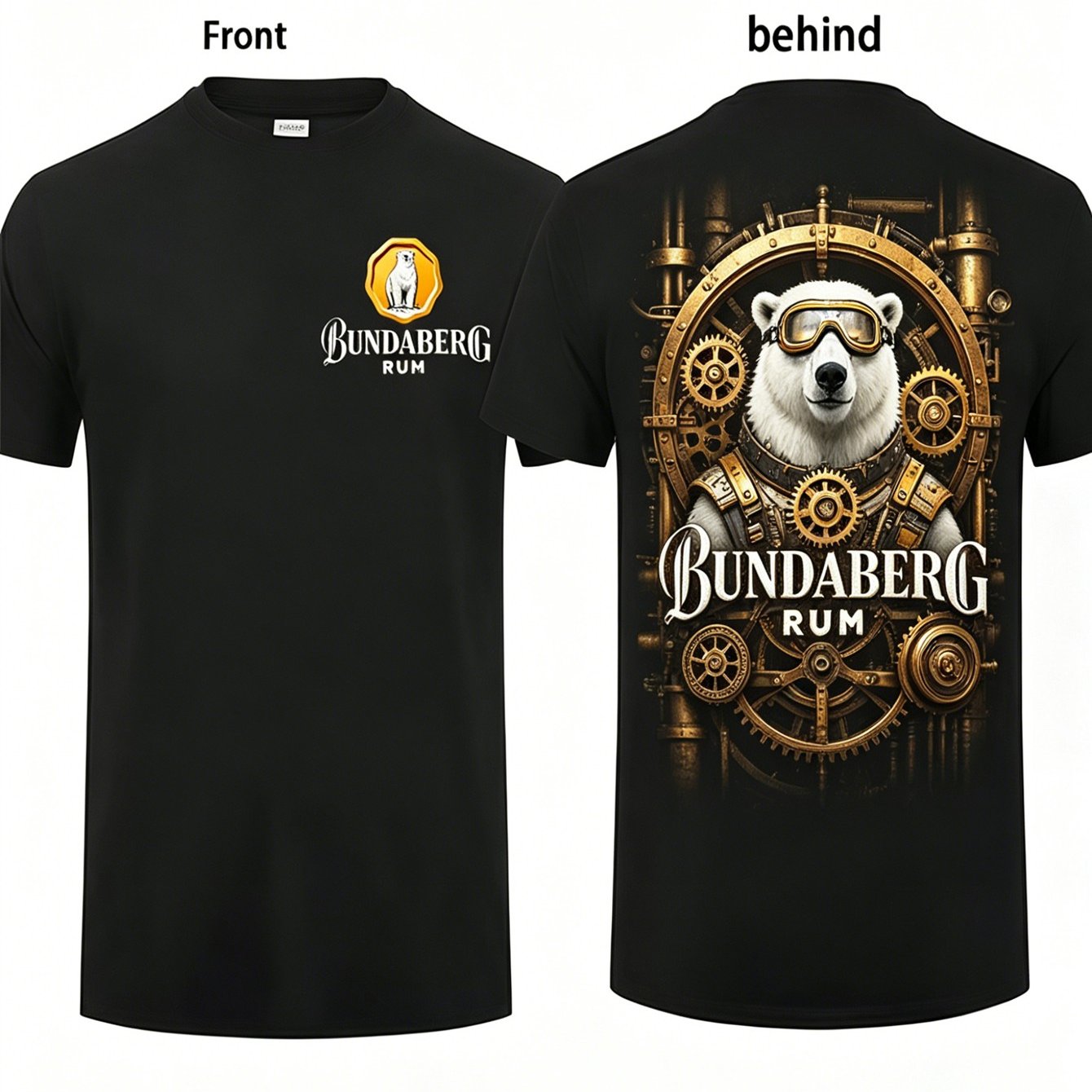 TEMU Plus Size Men Round Neck Short Sleeve T-shirt, Front Small Bundaberg Rum Polar Back Steampunk Gear Mechanic Polar Bear Double Side Print