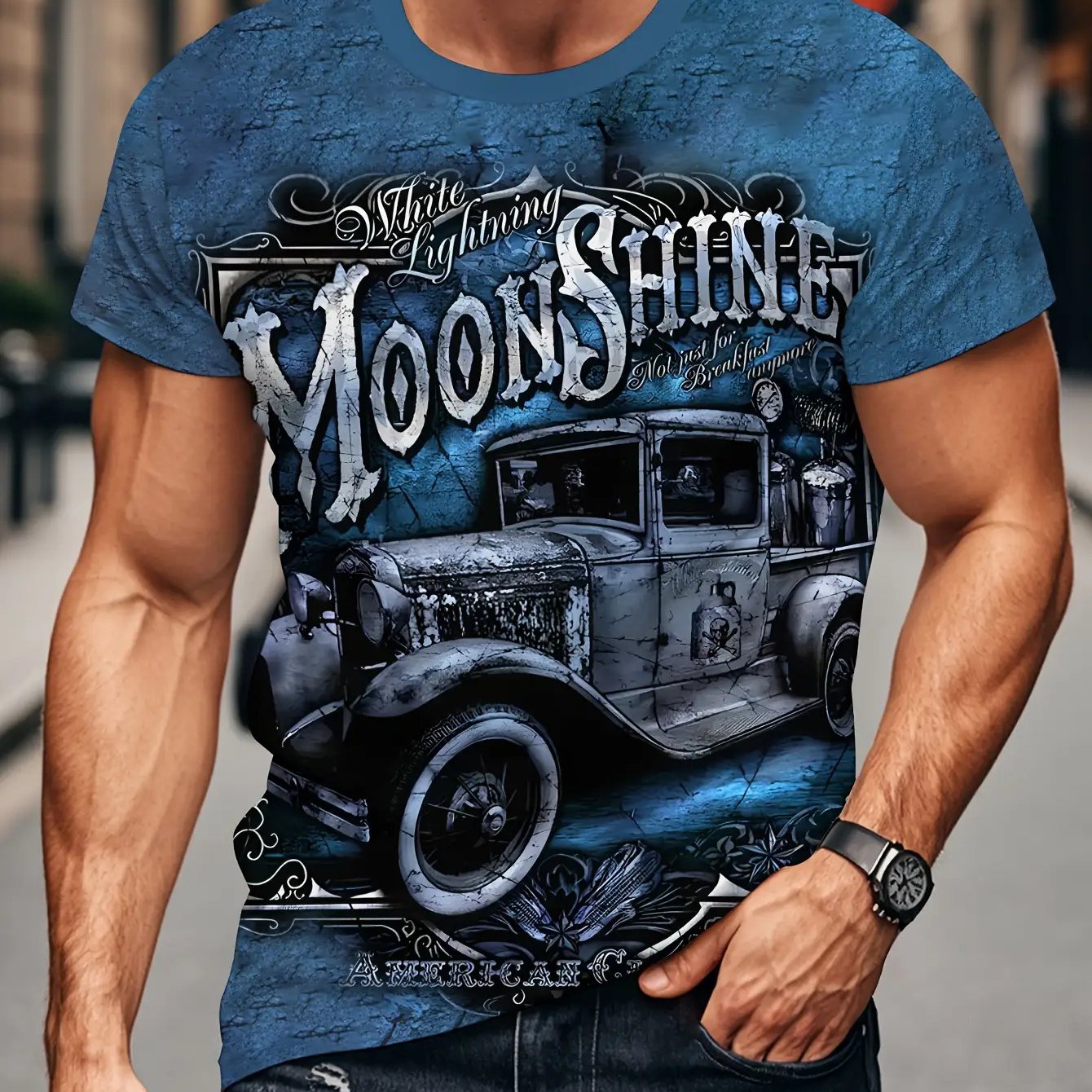 TEMU Men's Vintage Car Graphic T-shirt - Retro Design, Lightweight Breathable Fabric Suitable For Daily Wear & Themed Events, Round Neck Short-sleeve