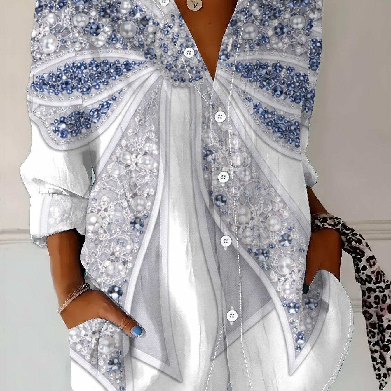 TEMU New Women's Long Sleeve Printed Shirt, Fashionable Casual Button-up Lapel Blouse, Loose 's Long Sleeve Top, Versatile And Elegant Shirt For