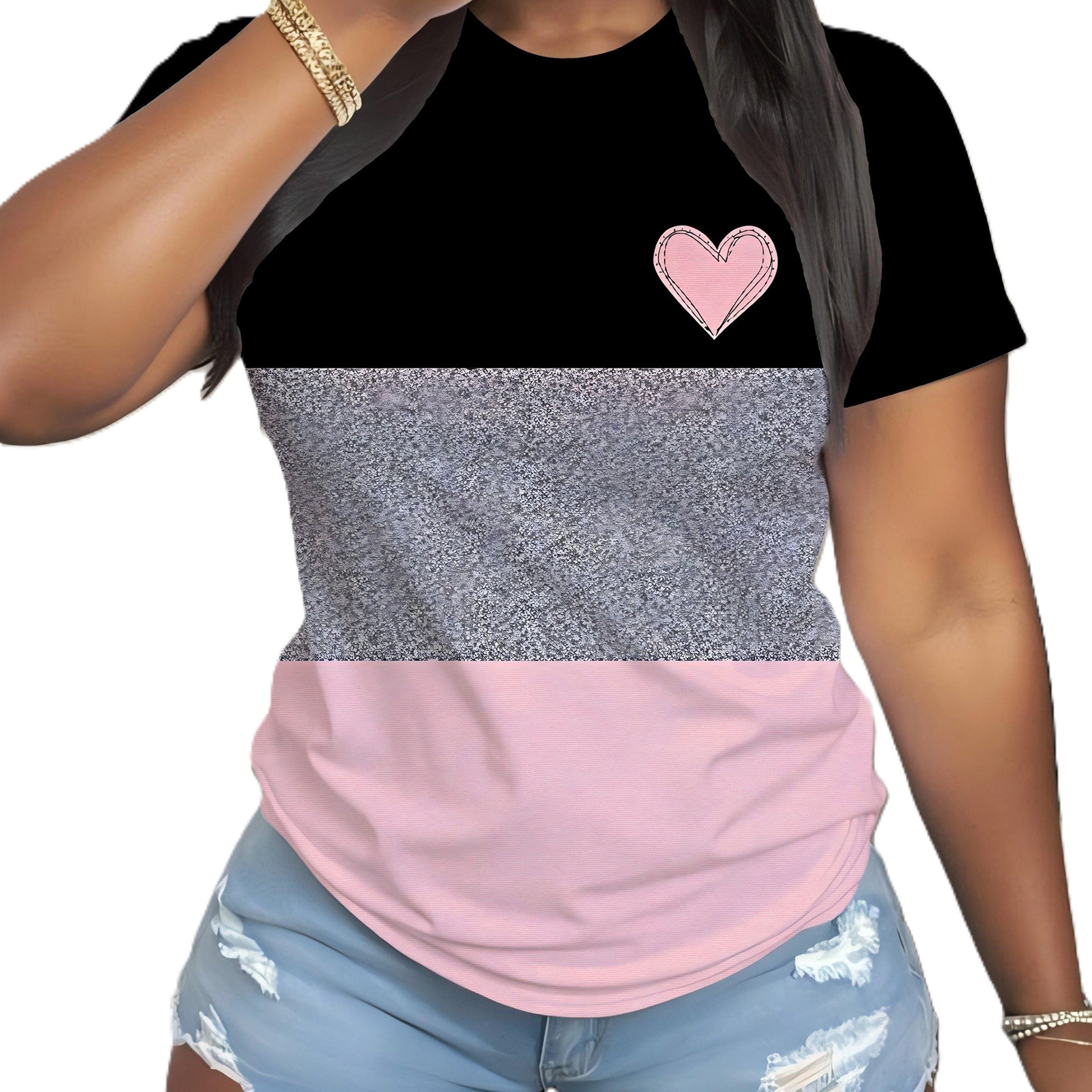 TEMU Printed Design – Not Textured Summer Ins-style Gentle Women's T-shirt, Three-color Heart Print Crew Neck Top, Age-reducing Trendy Style