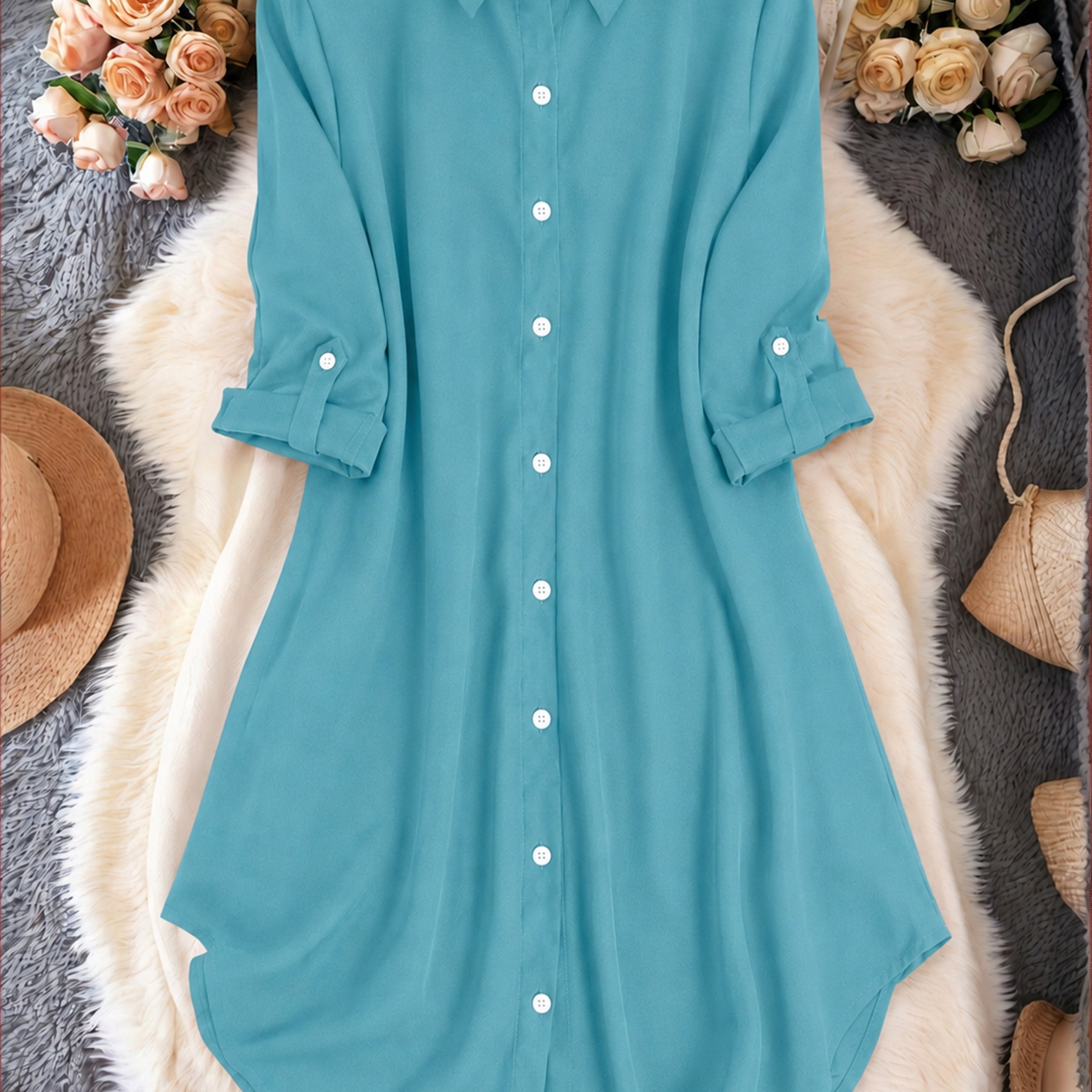 TEMU Chemise décontractée polyvalente à revers et manches mi-longues pour femme, couleur unie, toutes saisons