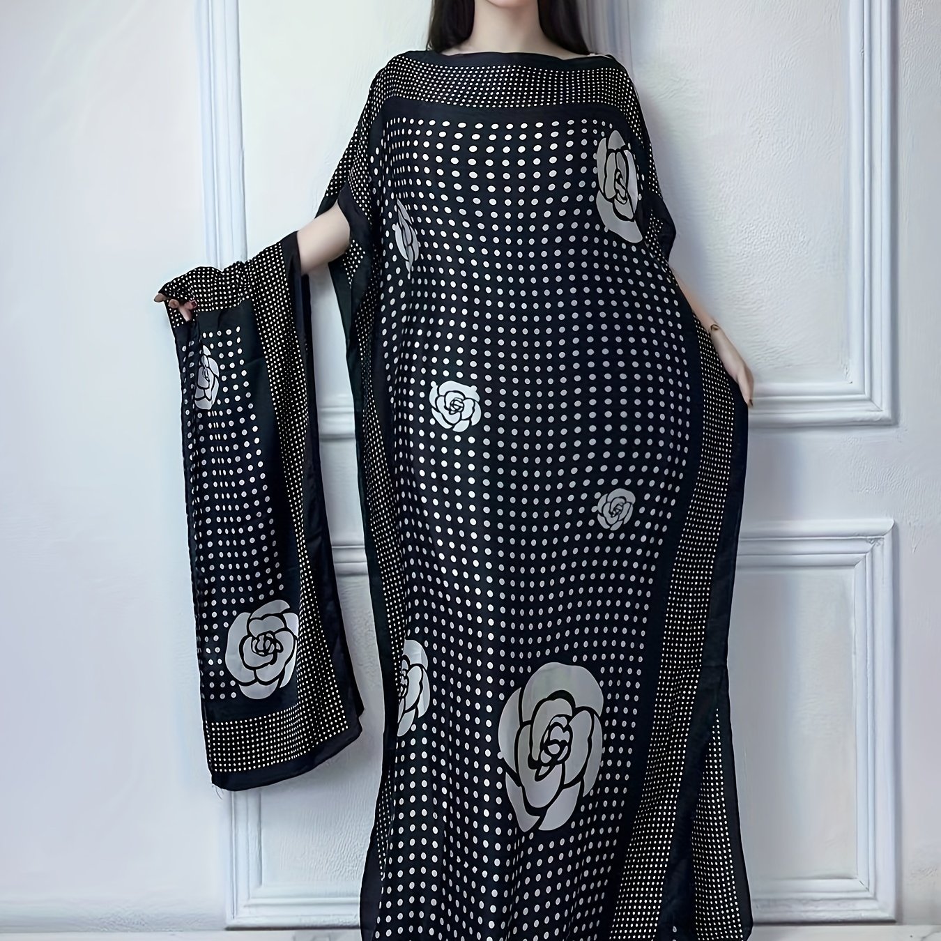 TEMU Grande Taille - Grande Taille - Abaya à col bateau avec motif floral et manches chauve-souris - une robe maxi décontractée pour femmes, idéale