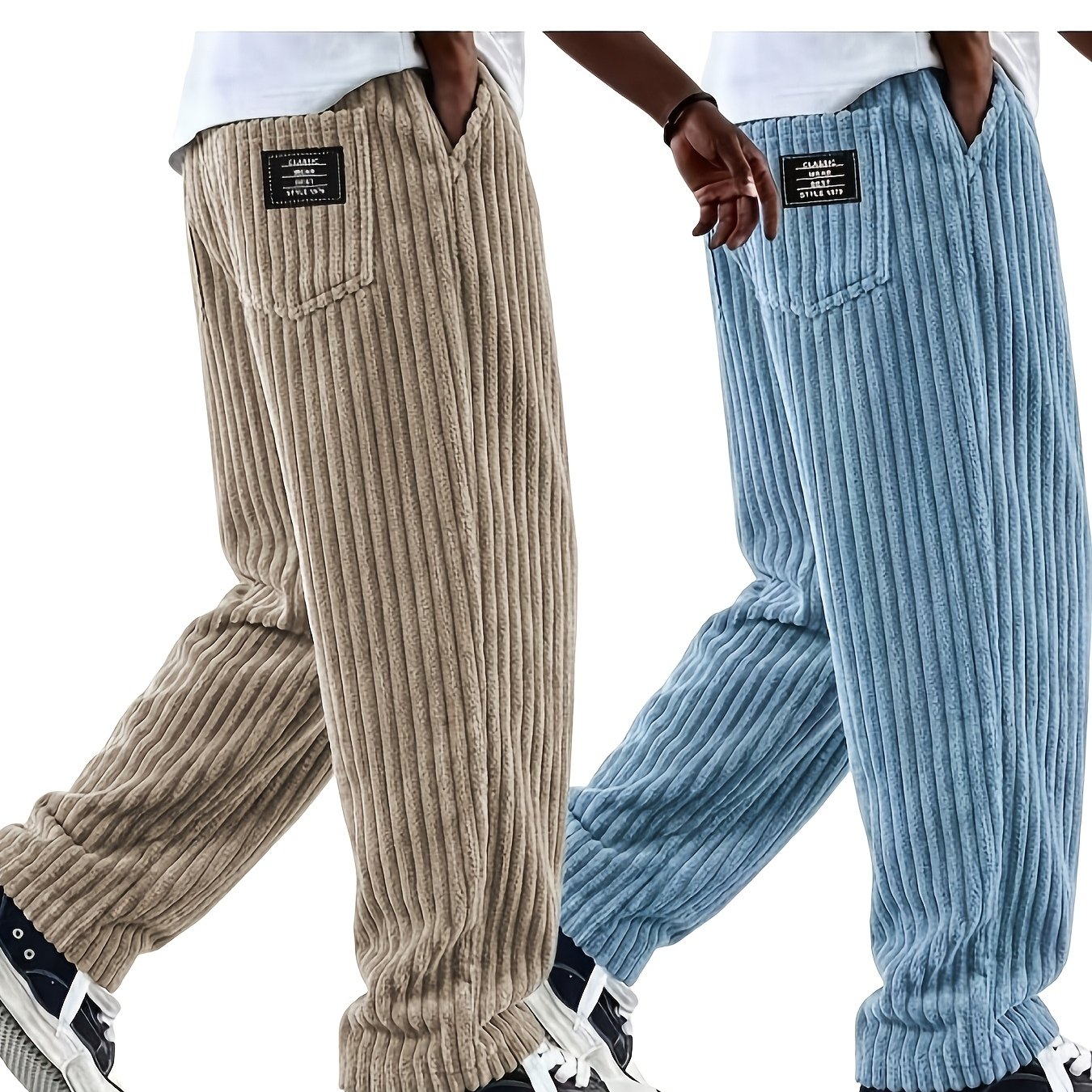 TEMU 2pcs, Men's Vintage Vertical Striped Corduroy Drawstring Pants; Men's Corduroy Casual Pants; Men's Casual Pants