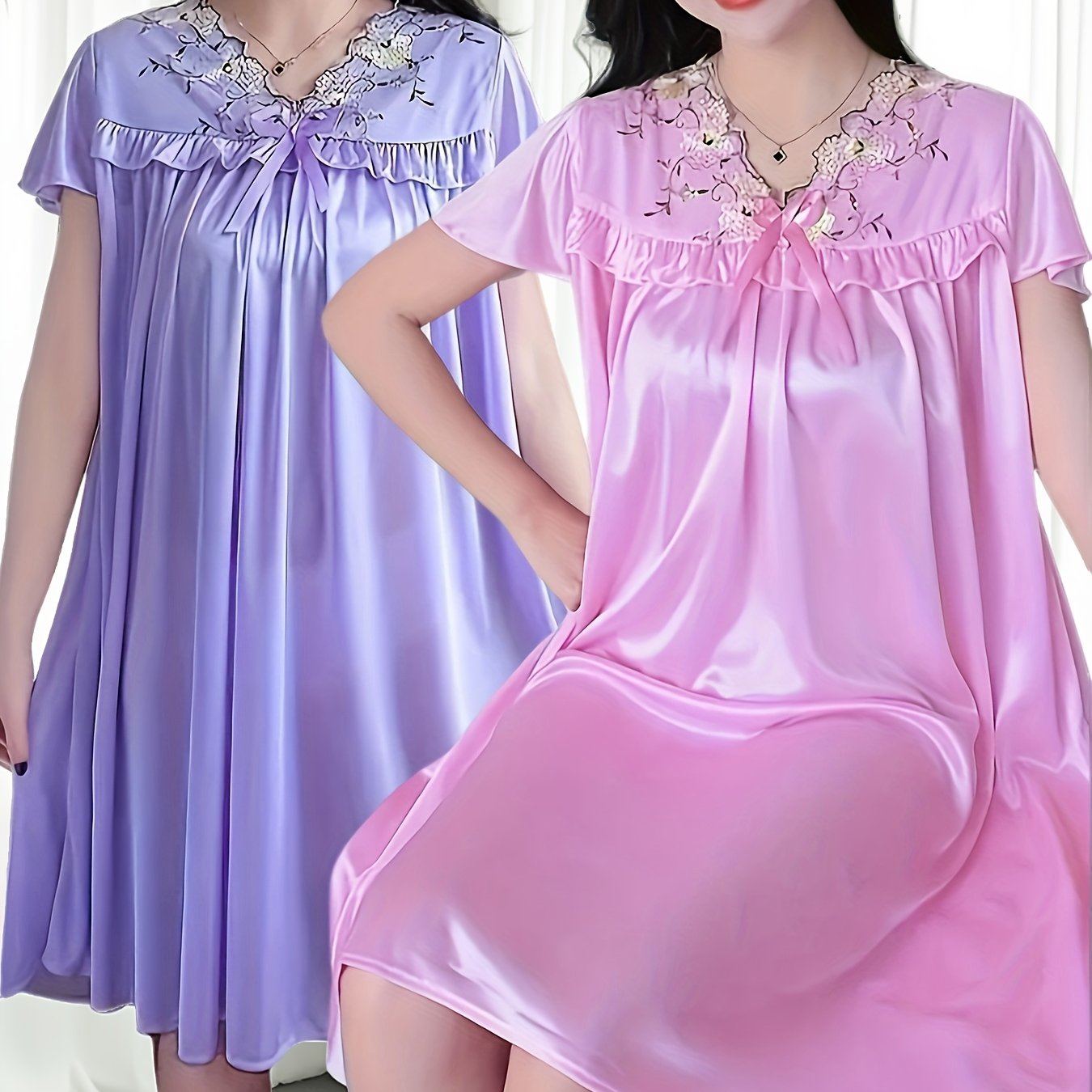 TEMU - Women's Satin Nightgown - 2pcs Lace Trim V Neck Sleep Dress, Soft Comfy Loungewear For