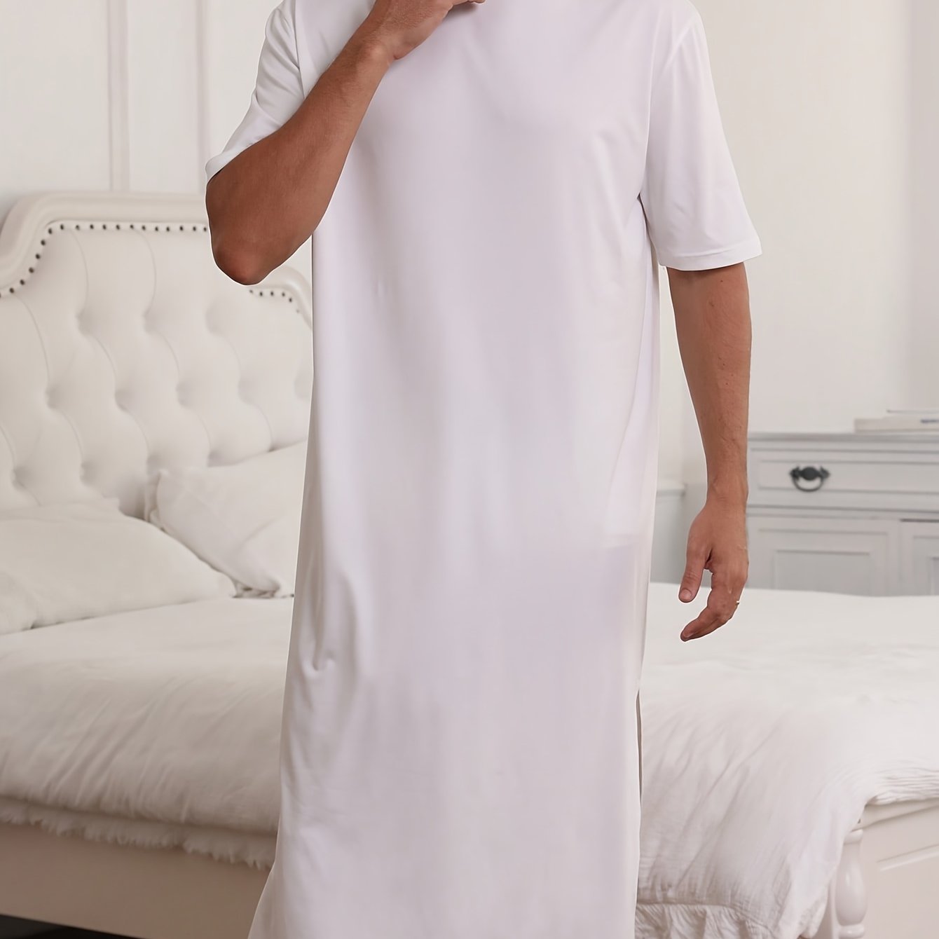 TEMU Robe de nuit T-shirt longue unie de style minimaliste pour homme, chemise de nuit confortable à manches courtes et col ras du cou, pyjama de