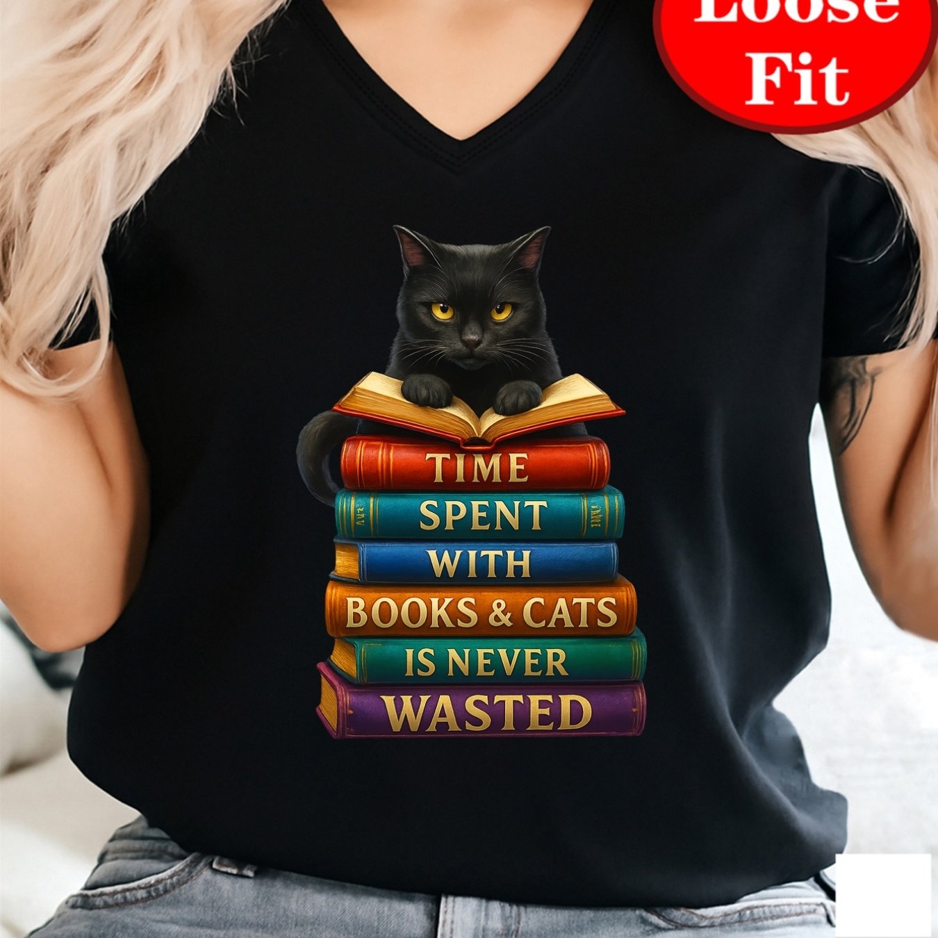 TEMU Women's Plus Size Book & Cat Lover T-shirt - Cute Black V-neck Short Sleeve Top With Bookend Cat & Book Spine Print, "time With Books & Cats"