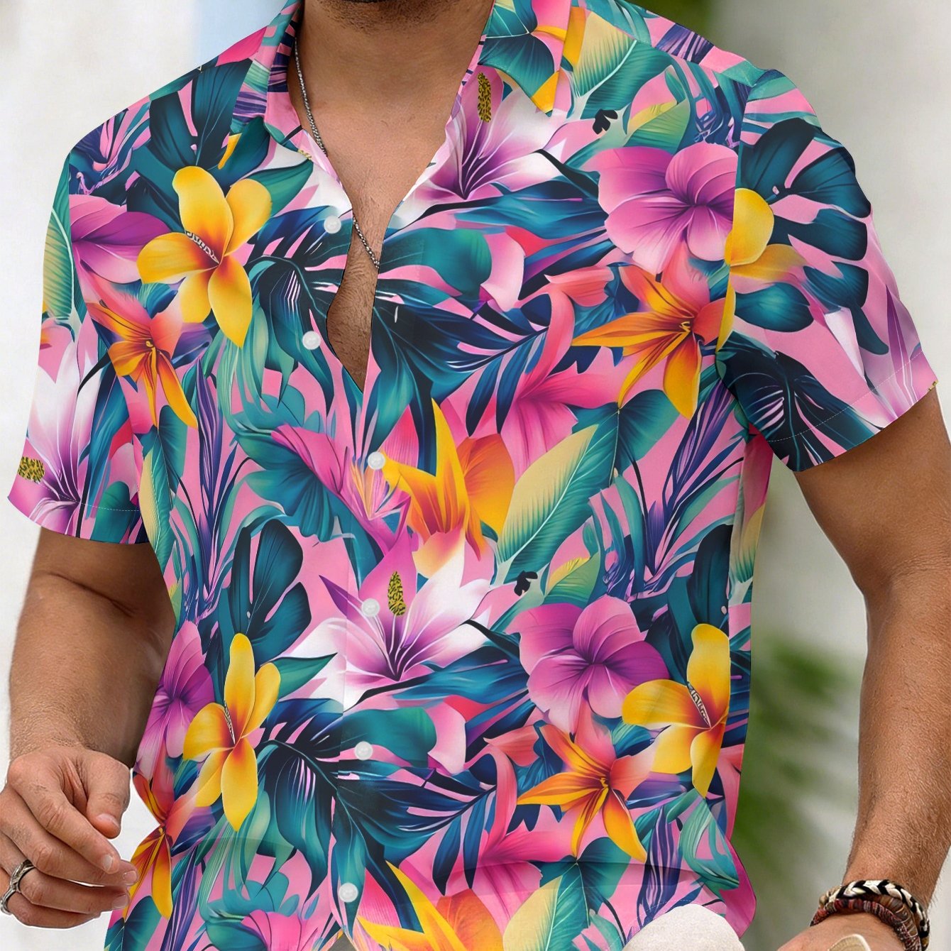 TEMU Men's Shirt, Men's Tropical Short Sleeve Shirt, Summer Casual Plant Floral Pattern Vacation Beach Regular Fit, Button-up Collar Shirt, Outdoor