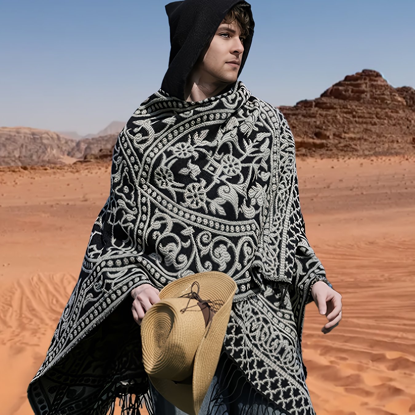 TEMU Men's Autumn Winter Bohemian Style Tassel Western Cowboy Thick Warm Hooded Contrast Jacquard Cloak Shawl Coat, Halloween