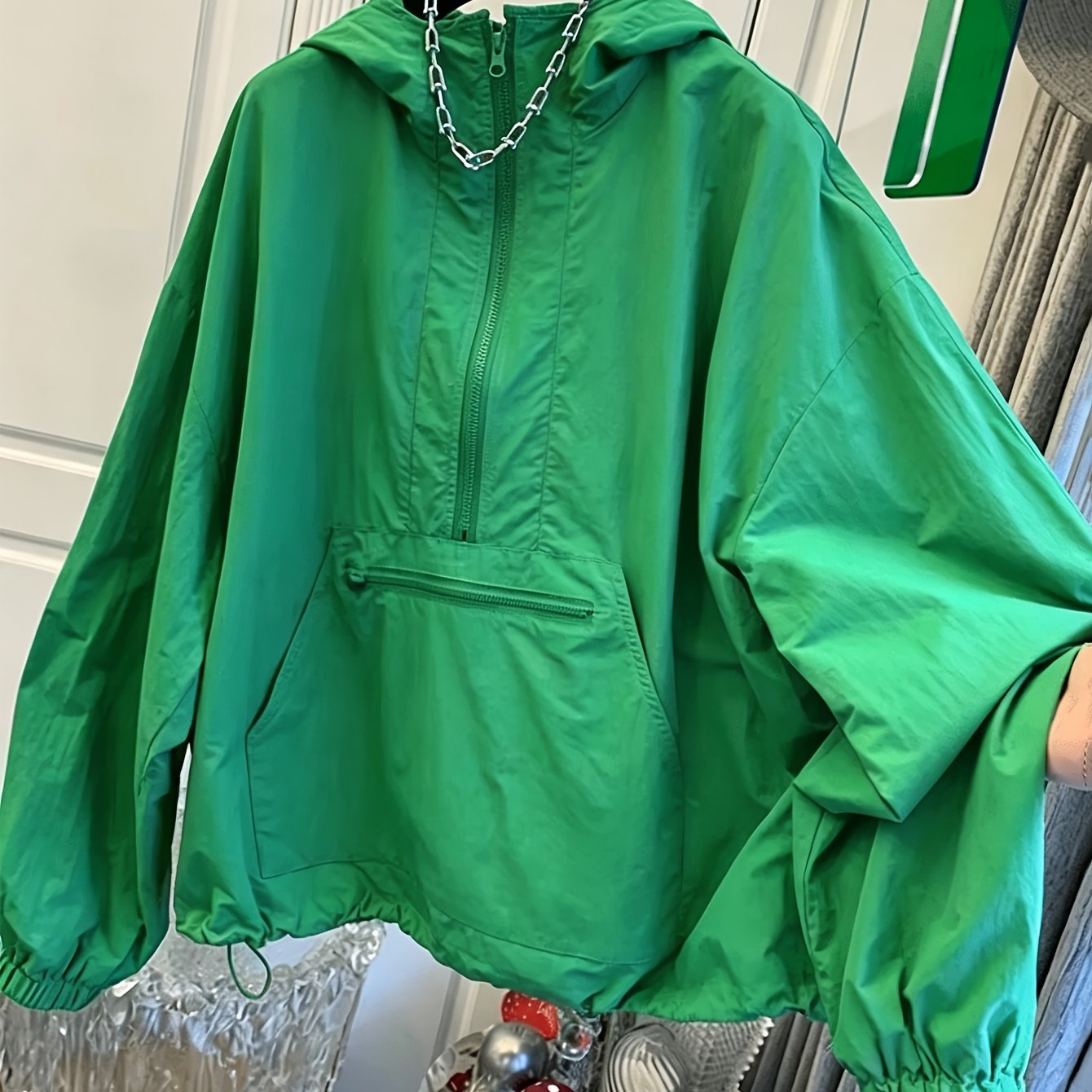 TEMU New Lightweight Thin Jacket Top For Women, Hooded Half-zip Pullover Outerwear, Loose Drop-shoulder Long-sleeve Top With Drawstring Hem, Front