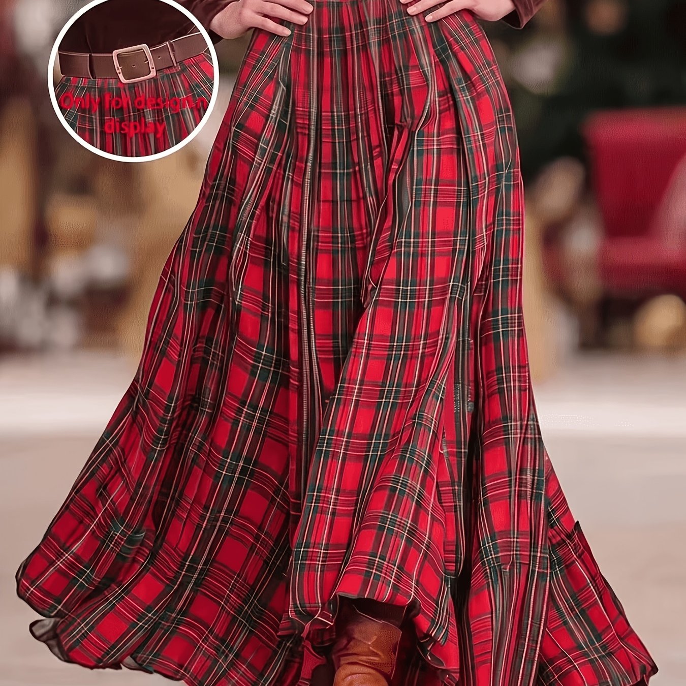 TEMU Jupe longue vintage à carreaux rouges d'automne/hiver ceinture, tenue de fêtes de Noël