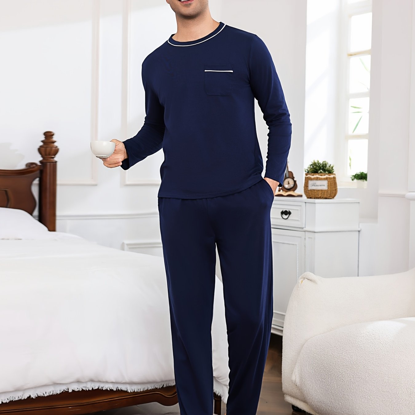 Men's Round Neck Long-sleeved Solid Color Pajama Set, Chest Patch Casual Men' Pocket Cotton Long-sleeved Pajama Set, Including A Long-sleeved Top And A Pair Of Trousers, Men's Loungewear, Men's Gifts