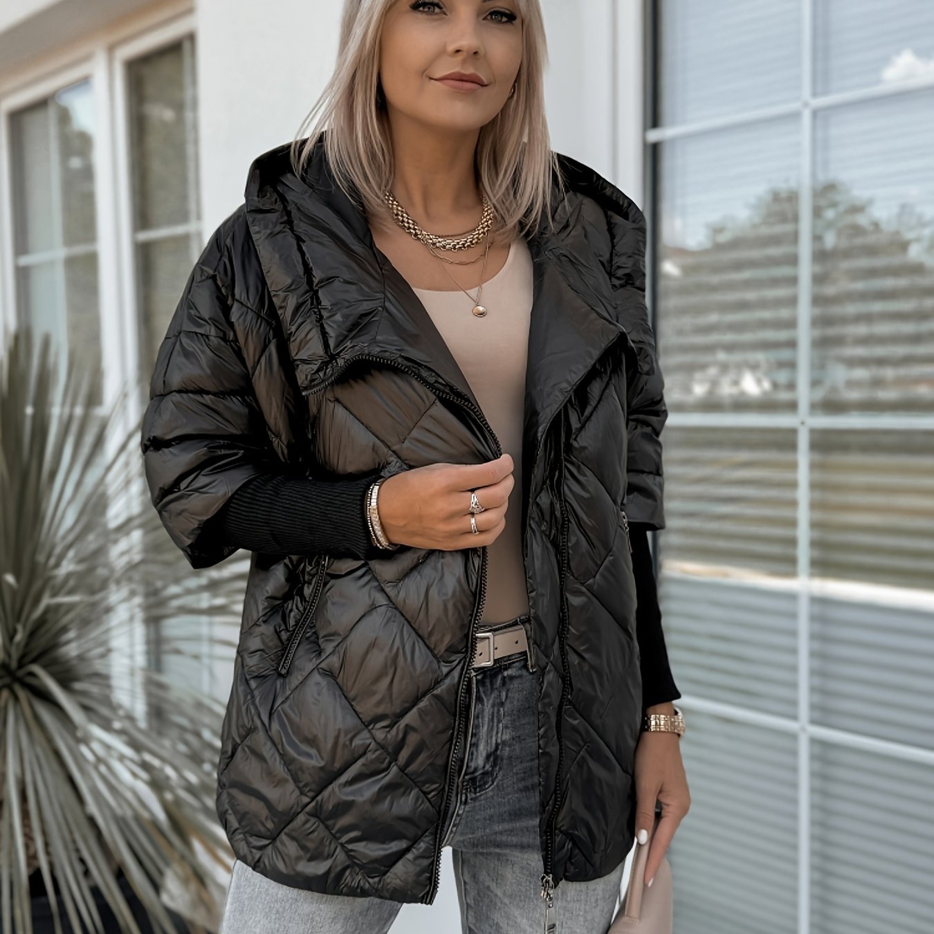TEMU Tendenza moda europea e americana: Giacca termica casual a met� lunghezza con cerniera