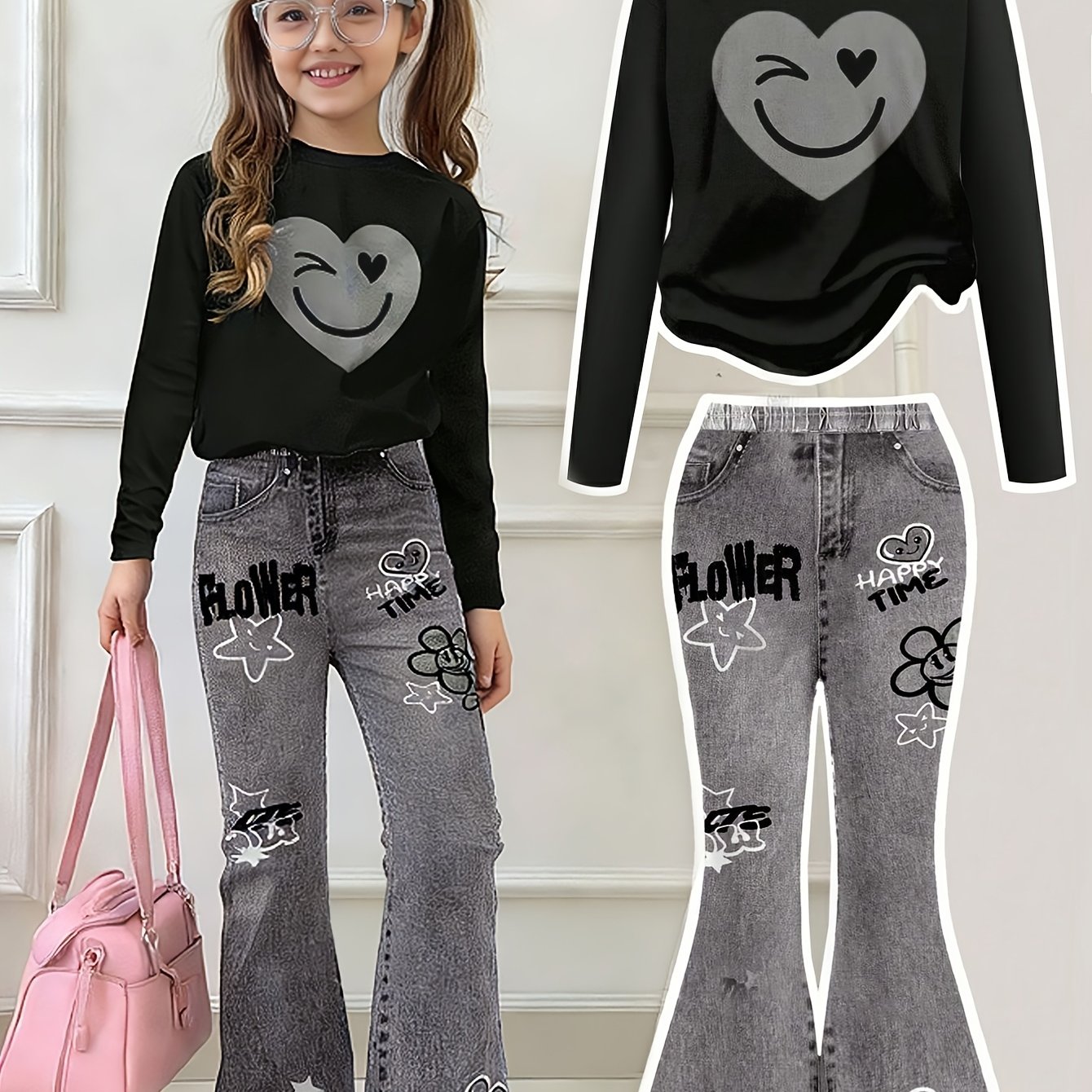 2pcs Set, Autumn/winter ' Outfit, Round Neck Long Sleeve Casual T-shirt And Stretch Slim Denim Print Flared Pants, Casual Wear, Girls' Clothing, Suitable For Outdoor Activities