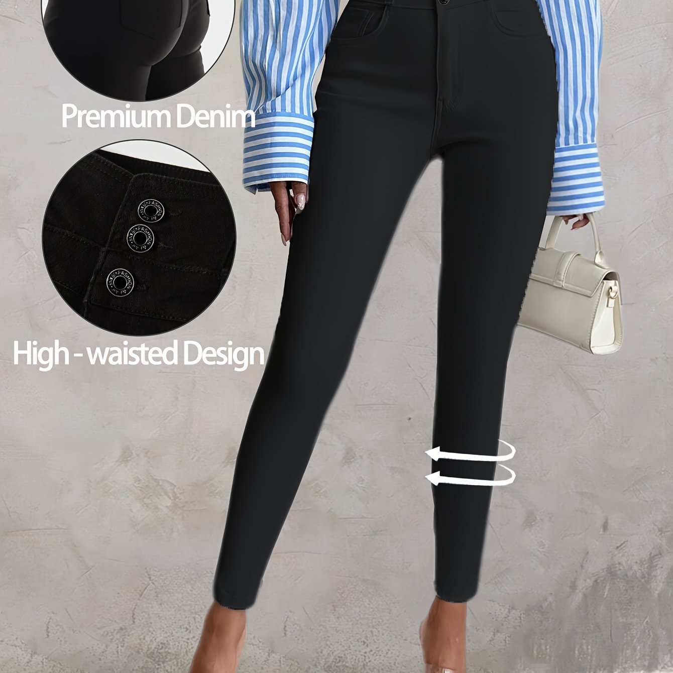 Image of Women&;s High-waist Stretch Skinny Jeans - Elegant Black Denim With Triple Button Closure, Slim Fit & Lift, Mid-rise, , Casual To Dressy Style, Jeans | Elegant Denim | Detailed Stitching