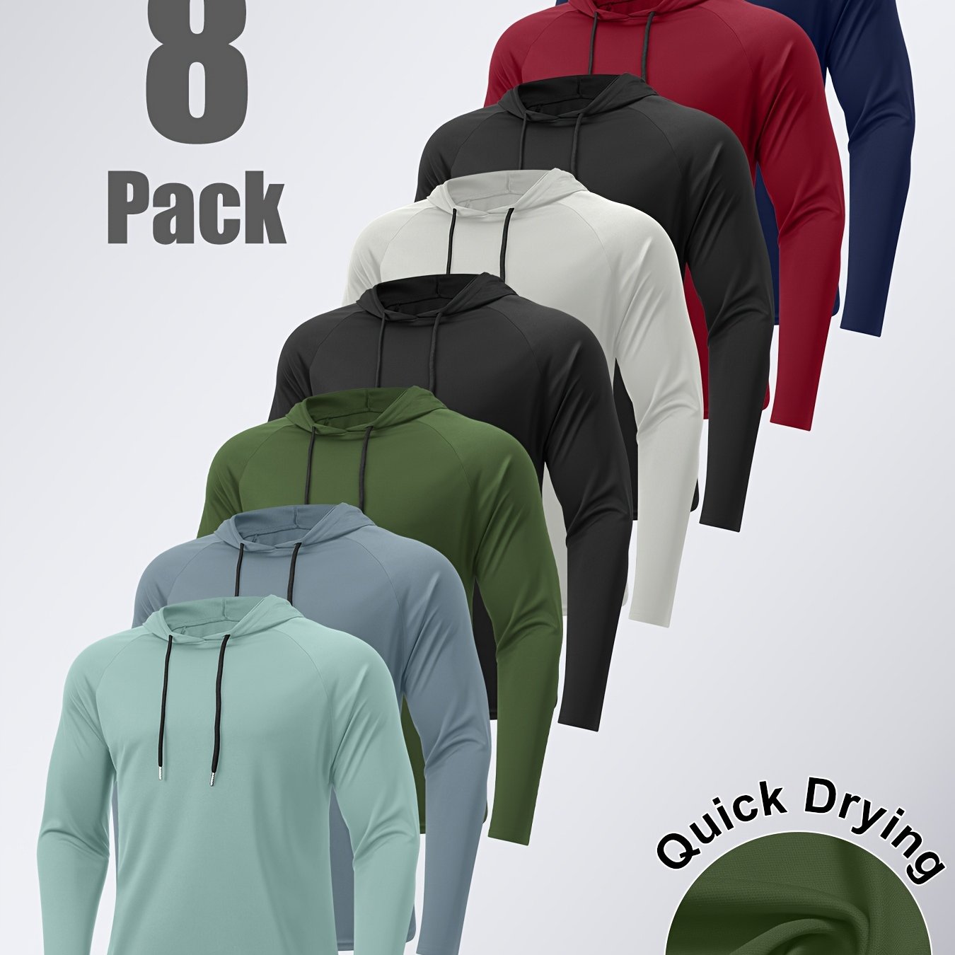 TEMU 8pcs Men's Hooded Sweatshirt Set (solid Colors), Quick-drying, Breathable, Lightweight, And Moisture-wicking, Suitable For Fishing, Cycling,