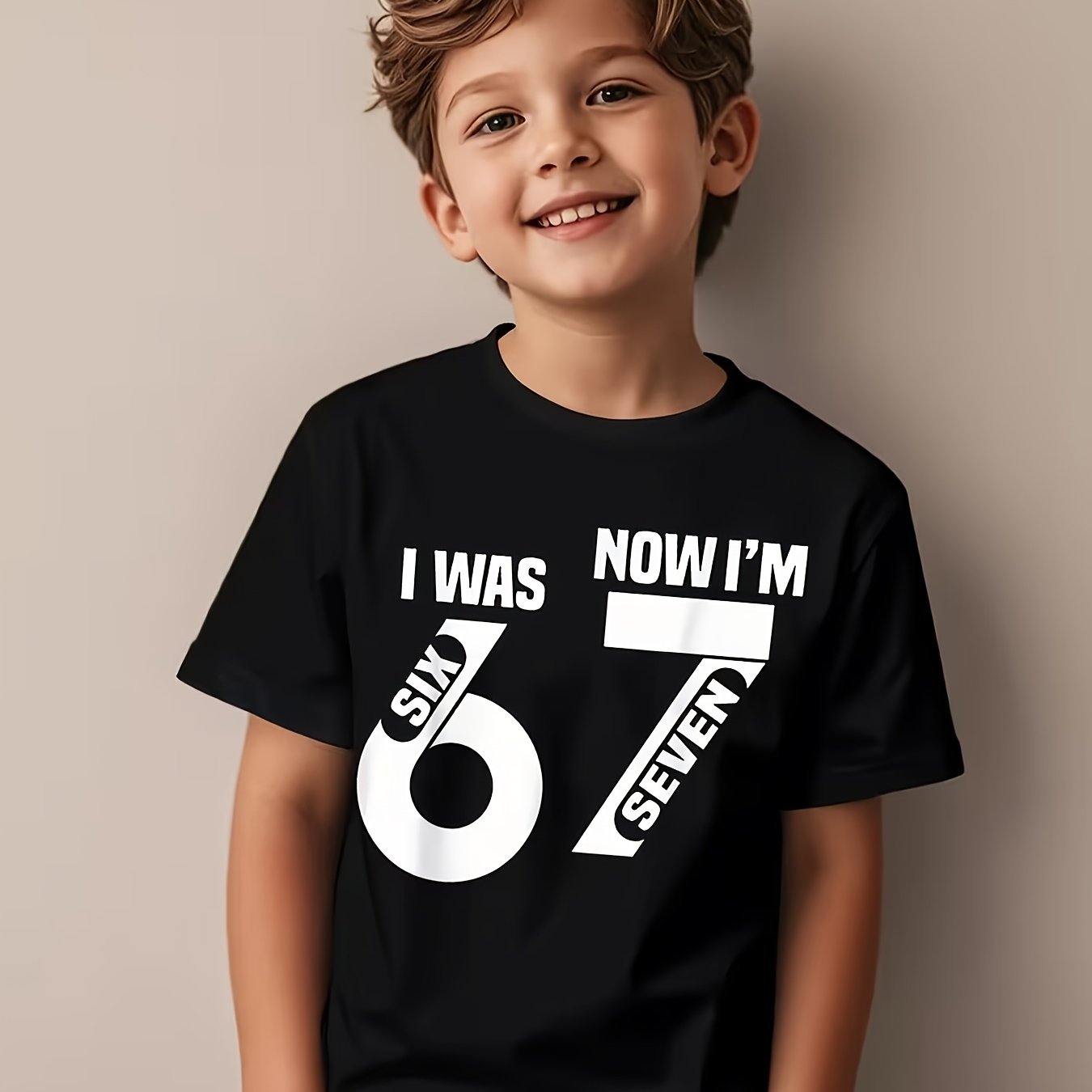 Image of 7th Birthday T-shirt - "i'm 6 Now 7 Years " Age 67 Print Short Sleeve Round Neck Top For 7 Year, Birthday Party Outfit & Casual Wear, Machine Washable Clothing