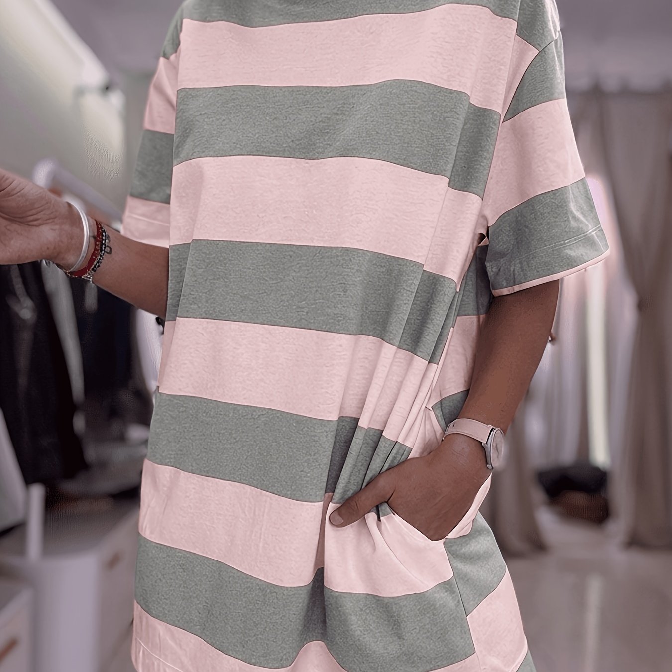 TEMU Women's Oversized T-shirt Dress With Short Sleeve Crew Neck & Tunic Top - Loose Fit Mid-length Color Block Striped Blouse Style Dress, Machine
