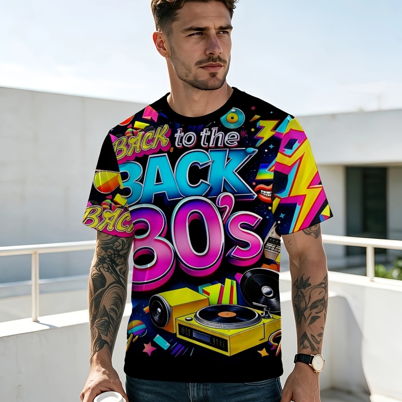 TEMU Men's Retro Record Player Neon Print T-shirt - Loose Fit Breathable Short Sleeve Round Neck Casual & Wear Suitable For, Summer Daily Outfits,