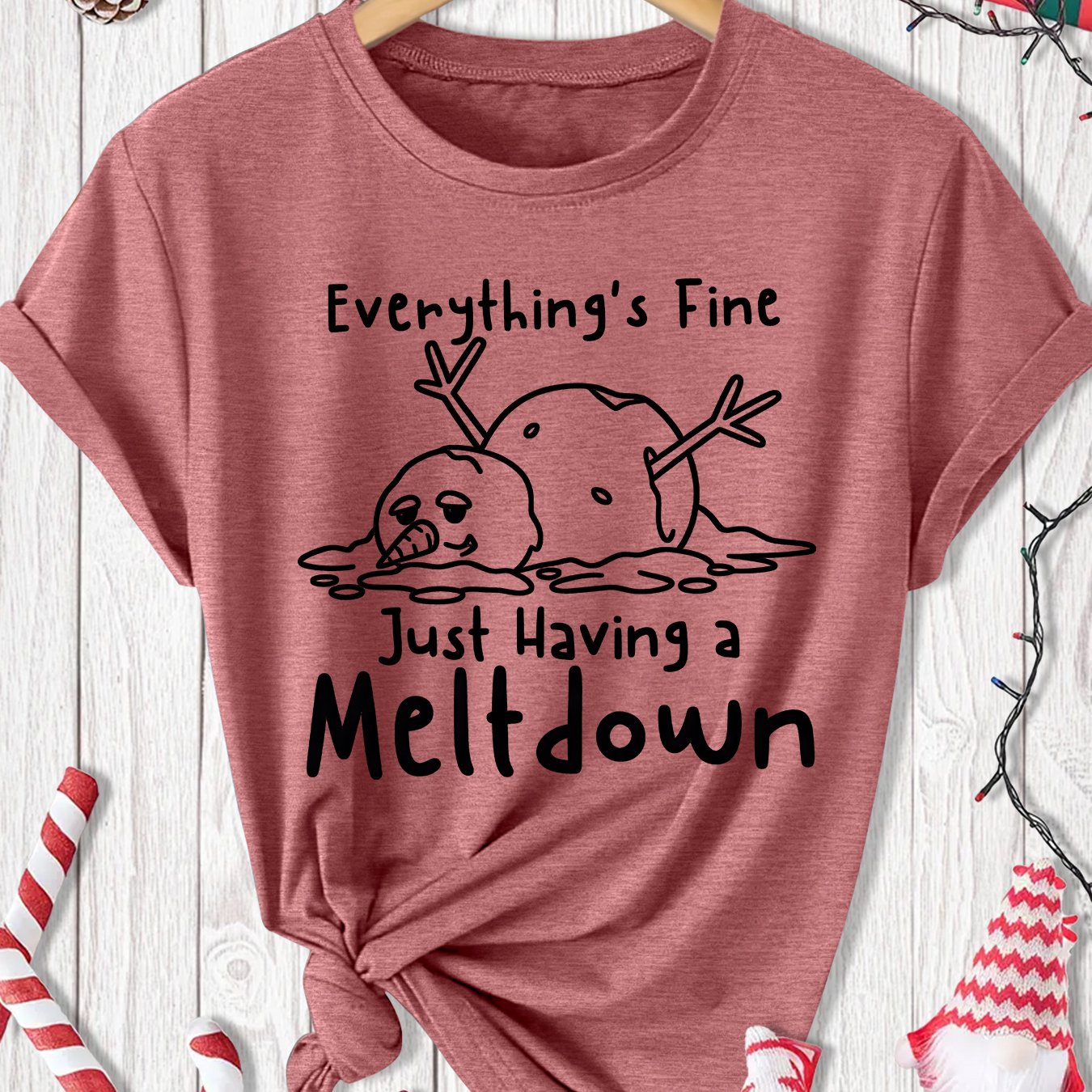 TEMU [christmas] Women's Elegant Style Plus Size Short Sleeve Gift Snowman Melting Print Round Neck Casual Sports T-shirt, Suitable For Spring,