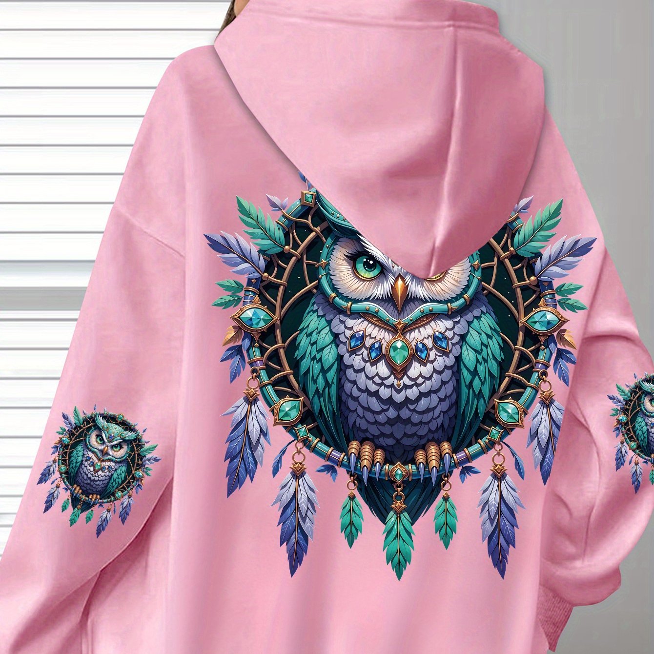 TEMU Plus Size, Plus Size Gemstone Owl Print Hoodie - Soft Casual Long Sleeve With Pocket, Comfortable Women's Plus Size Daily Wear Apparel