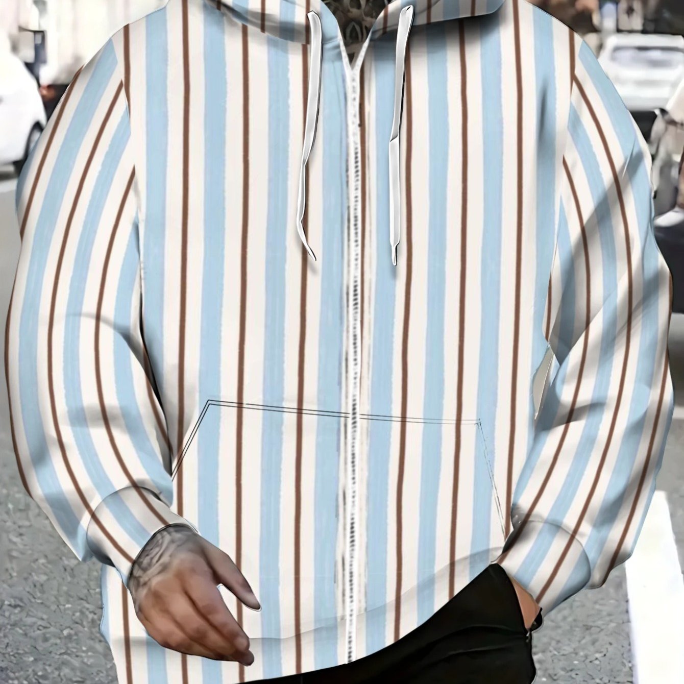 TEMU Men's Lightweight Striped Hoodie For Casual , Light Blue And Brown Stripes, Comfortable Zip-, Ideal For Daily Wear And Outdoor Activities