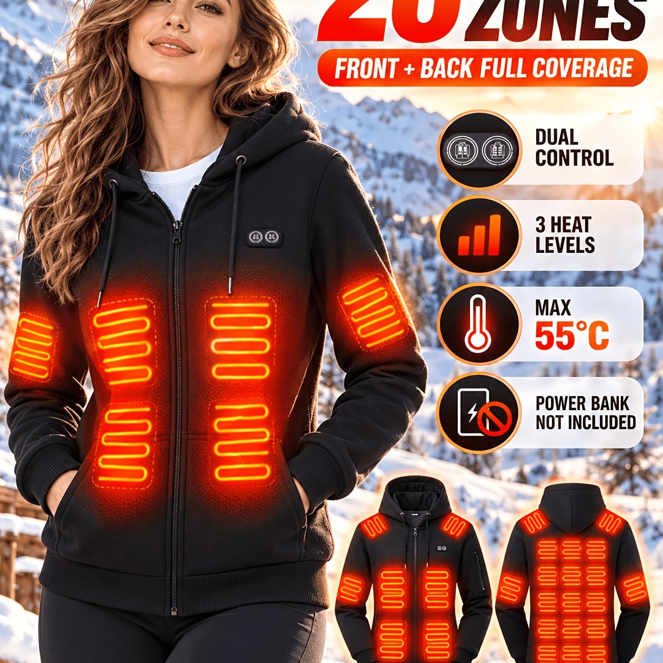 TEMU 26-zone Heated Hoodie For Women, Heated Jacket, 3 Heat Levels 5v Usb Powered Zip Up Heated Sweatshirt For Cold Weather, Winter Camping, Ice