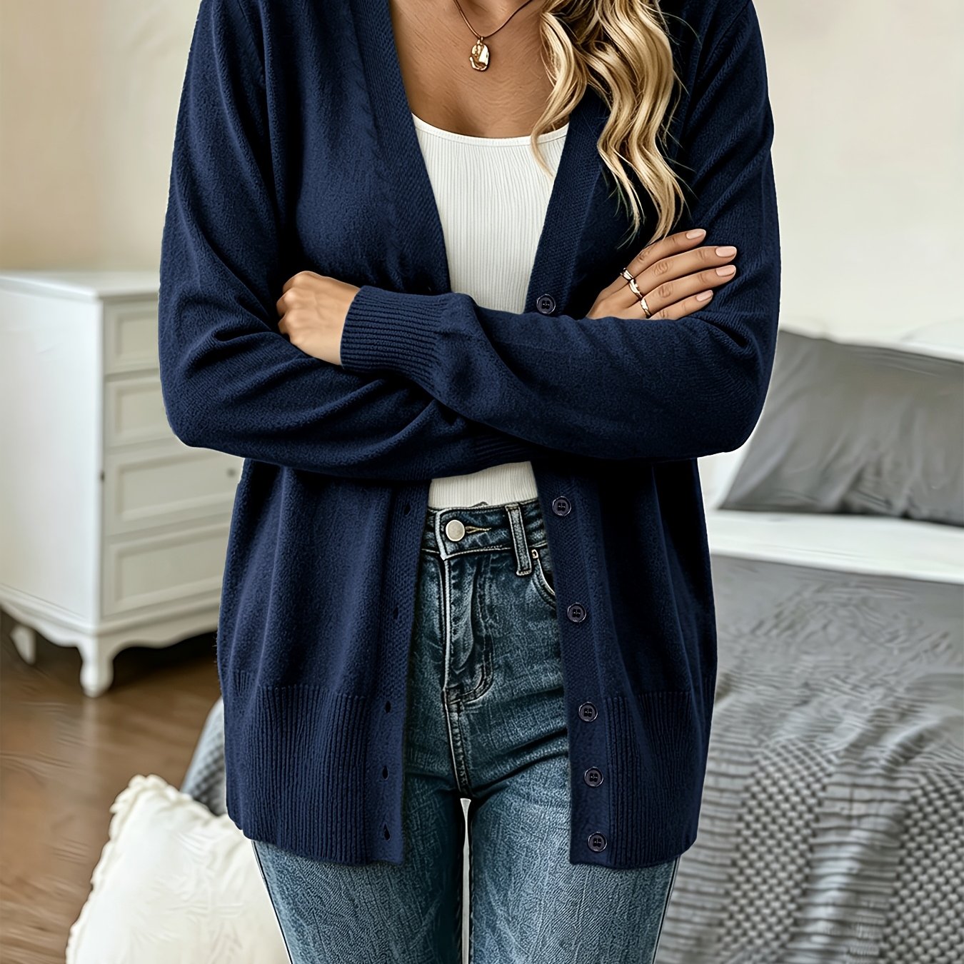 TEMU Women's Autumn Winter New Long Sleeve Cardigan, Button-design Suitable For Autumn Winter Wear, Casual Daily Wear, Commute Wear, Machine Washable