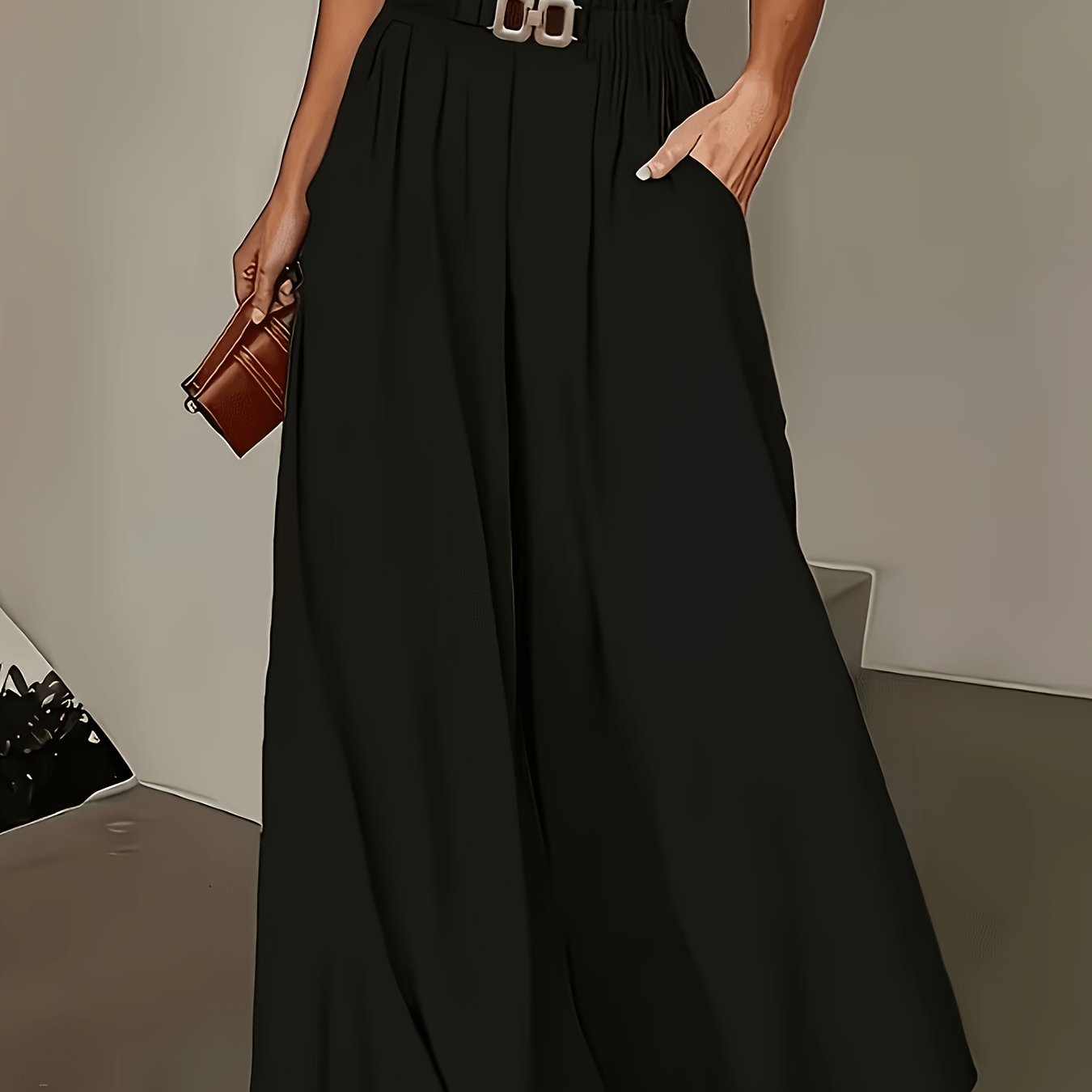 TEMU Women's High-waisted Wide-leg Trousers - Elegant Loose-fit Pants With Pockets & Double Button Closure, Flowing -sweeping Suitable For Resort