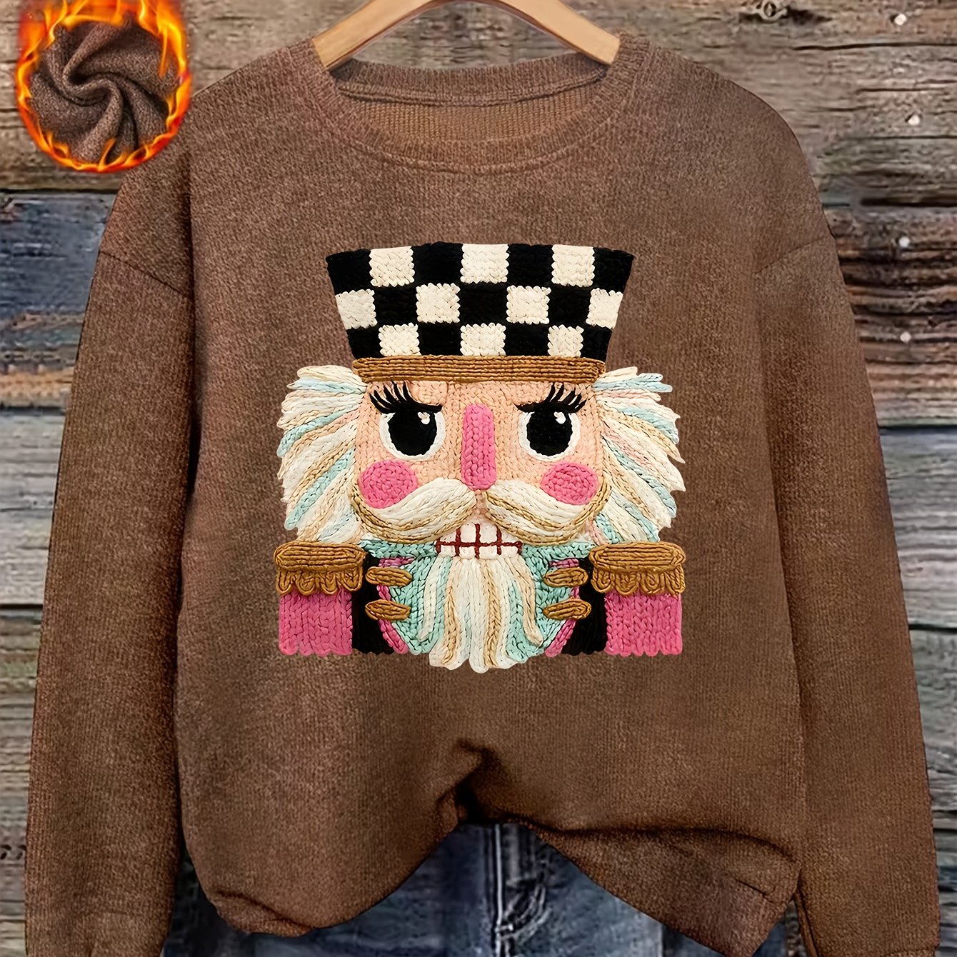 TEMU Women's Velvet Warm Pullover Hoodie, Cute Walnut Clip Printed Long Sleeved Pullover, Christmas And Warm Top