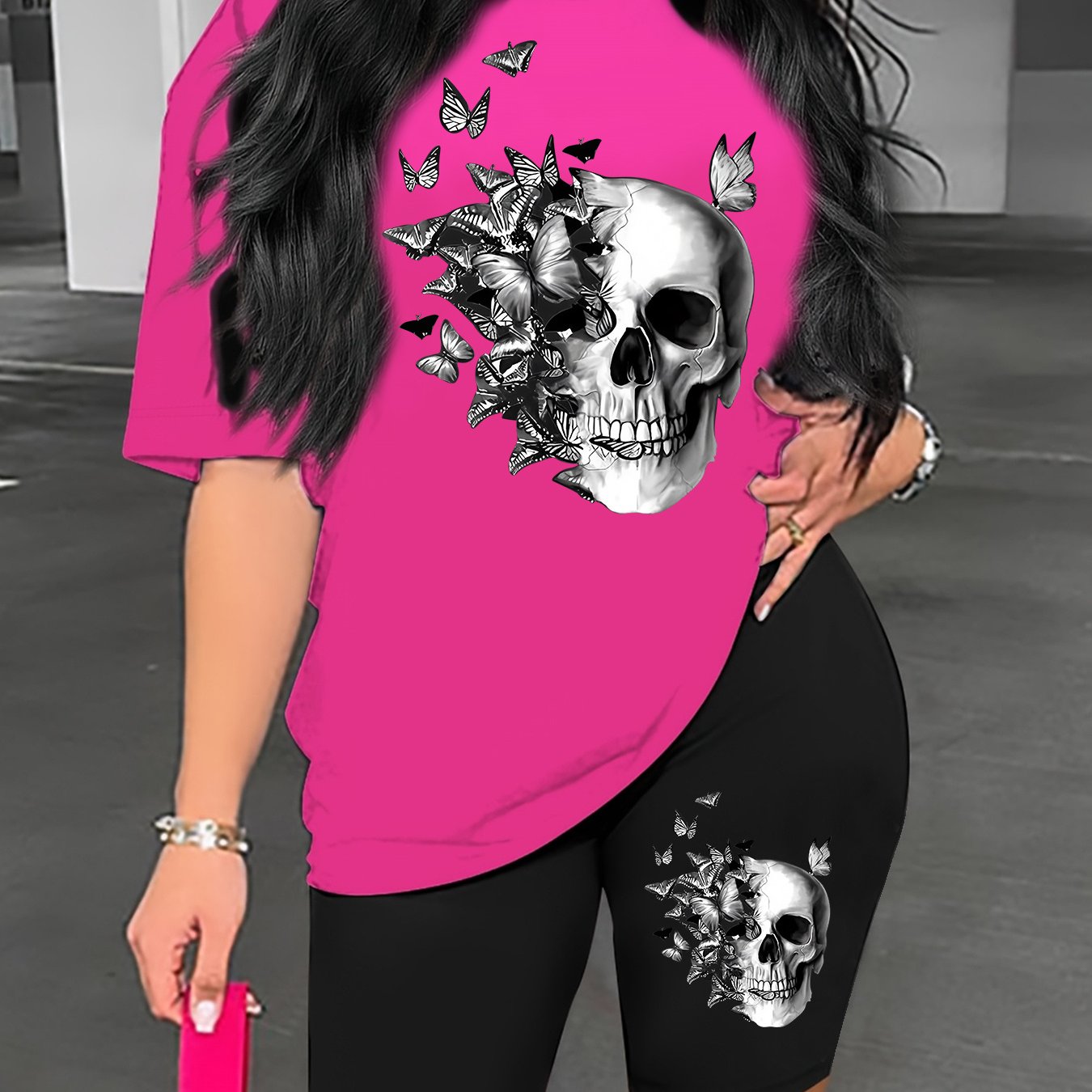 TEMU Women'-piece Set Featuring A Round-neck Short-sleeve T-shirt With A Skull Print And Elastic Waist Casual Shorts For Spring And Summer