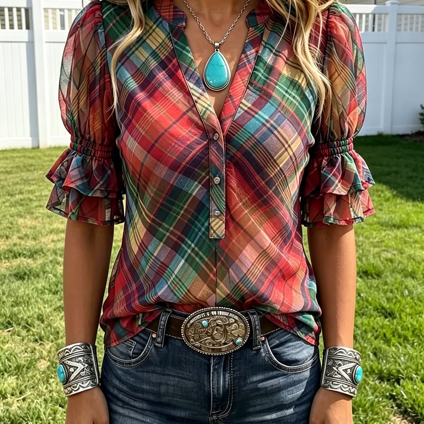 TEMU Retro-style Colorful Print Chiffon Blouse, Women's Small V-neck Half-button Double-layered Bubble Short-sleeved Western Cowboy Style Shirt.