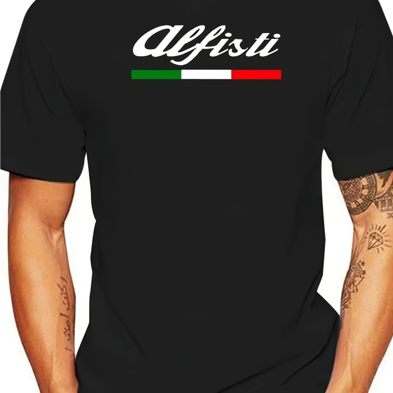 Image of Men's Alfisti Italian Flag Vintage Car T-shirt - Black Tee With Italian Auto Design, Soft Casual Shirt For Car Enthusiasts, Gifts, Italian Heritage Apparel, & Machine Washable