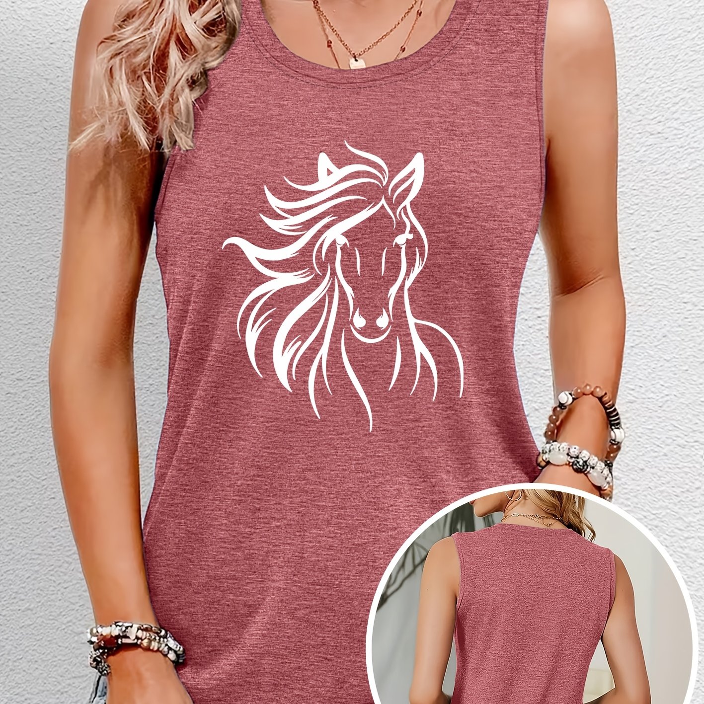 TEMU Elegant Women's Vest With A Printed Featuring Flowing Mane Outlines. Round Neck Vest Suitable For Spring And Summer. A Versatile, Casual, And