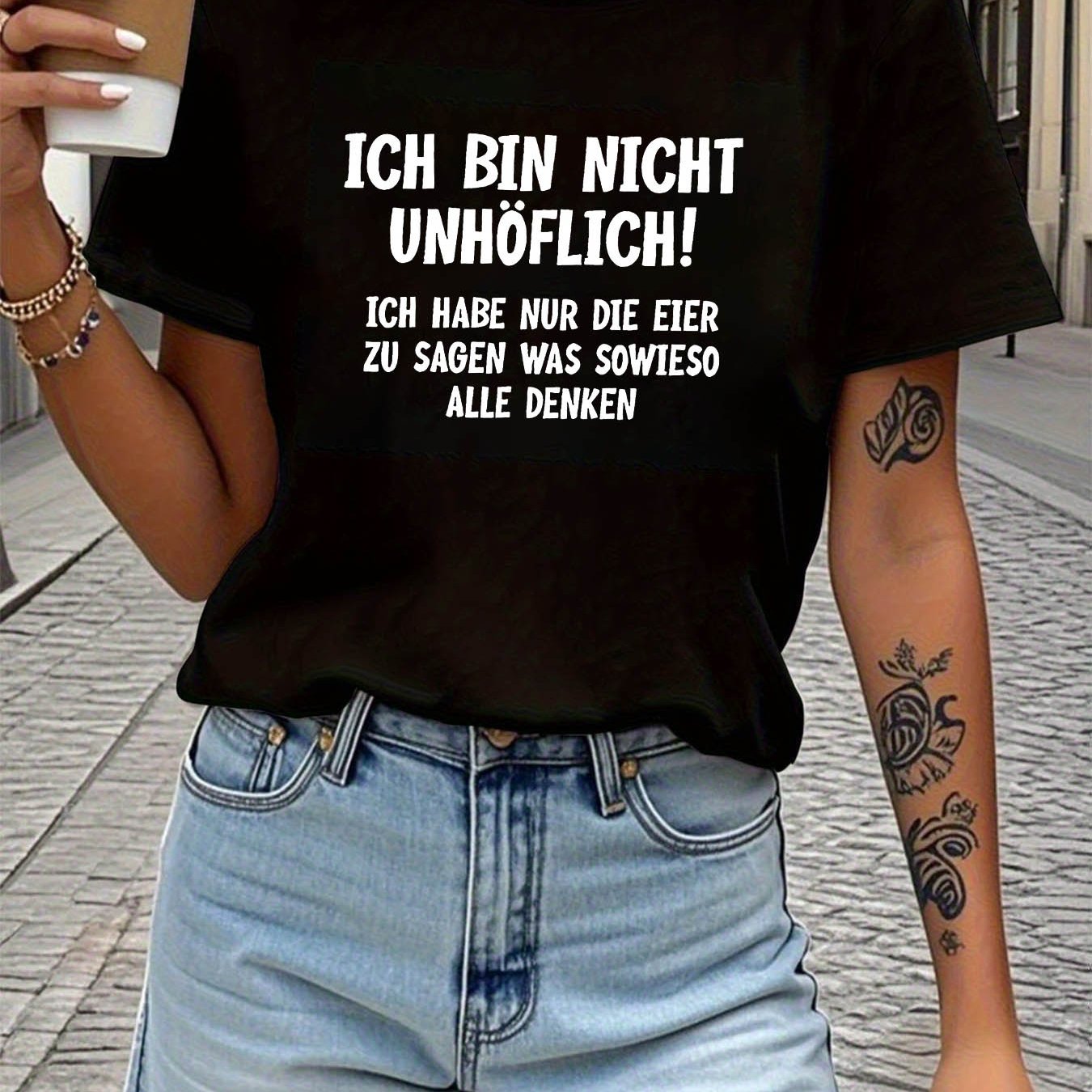 Image of German " Rude! I Have The Guts To Everyone Is Thinking" Printed Women's Round Neck Short Sleeve T-shirt For Spring And Summer, Casual Outing Festival Gift, Outfit For Friend Gatherings