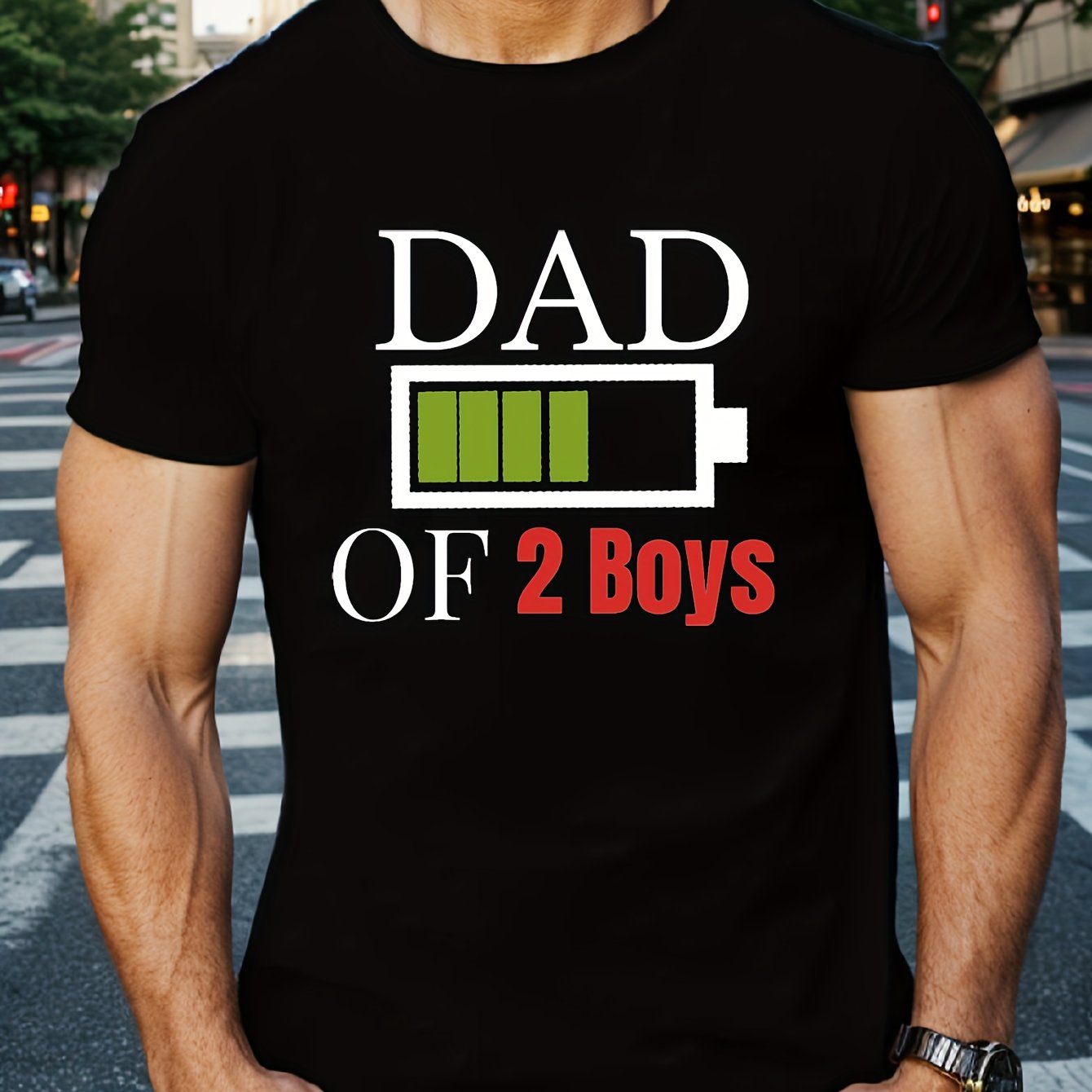TEMU Dad Of 2 Boys" Men's Casual Short Sleeve T-shirt - Breathable Polyester, Geometric Print, Round Neck - Perfect For Summer