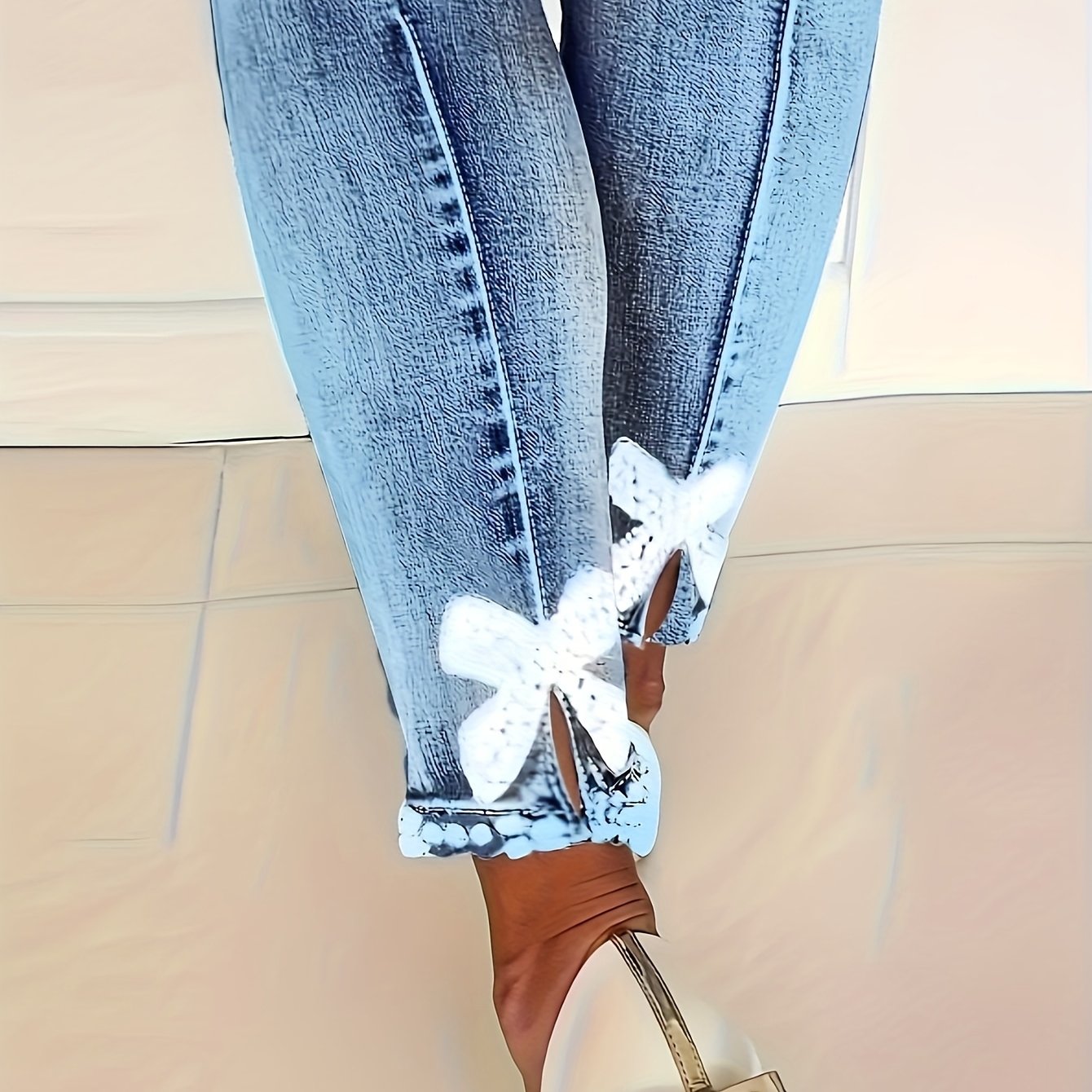 Image of Women's Fashion Rhinestone Bow Embellished High Stretch Denim Jeans, Street Style Skinny Fit, Ankle Length