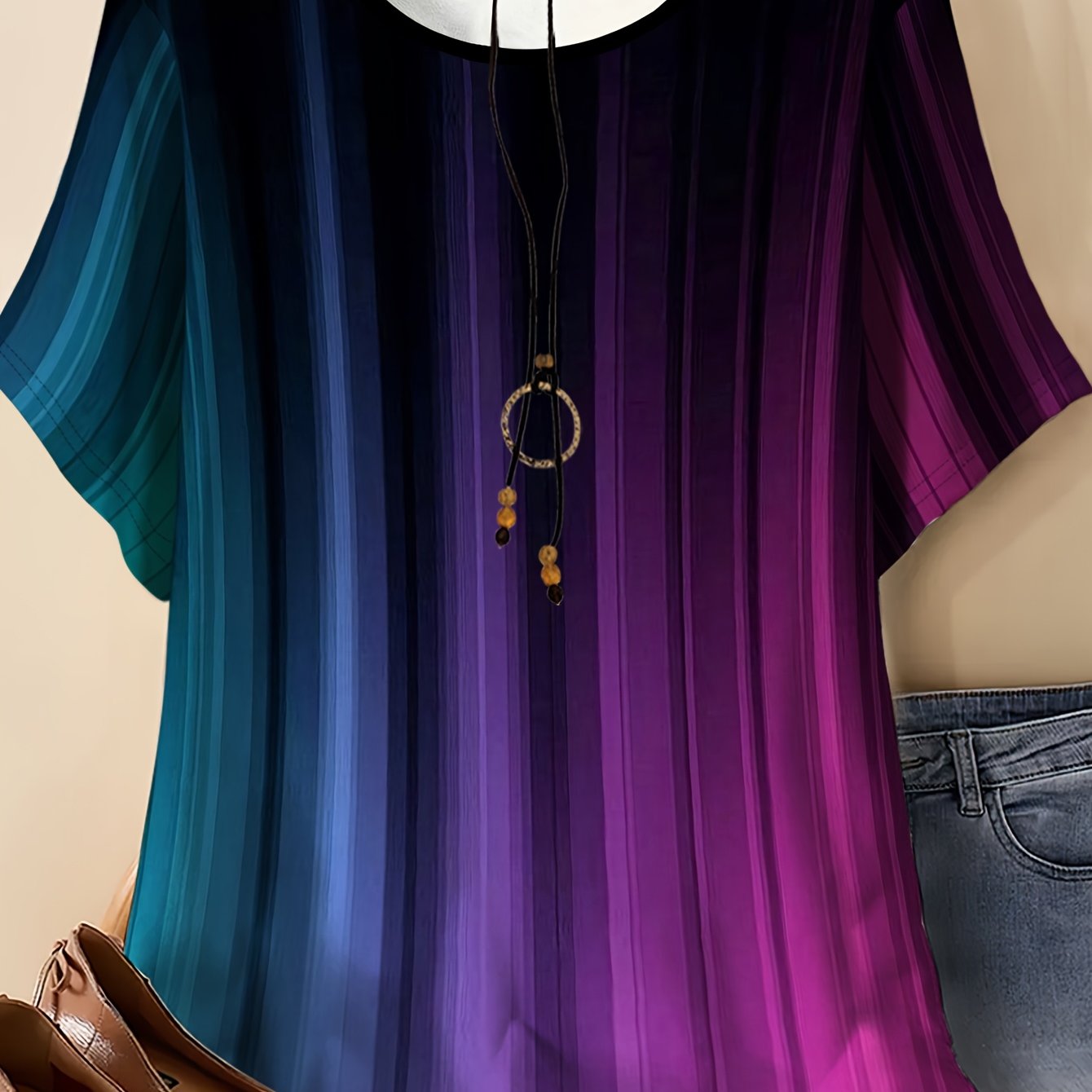 TEMU Plus Size -- Women's Round Neck Short Sleeve T-shirt With Blue-purple Gradient Vertical Stripe Print, Soft, Skin-friendly, And Breathable Fabric