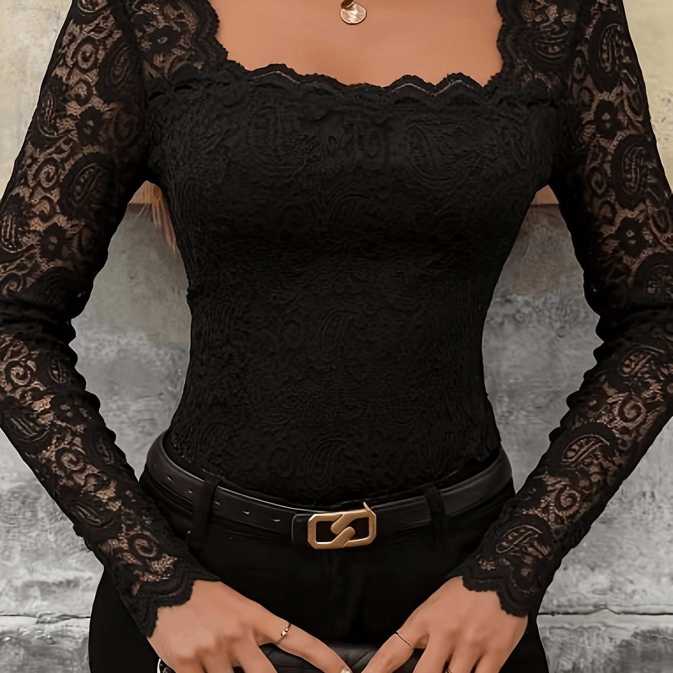 TEMU Elegant Lace Trim Long Sleeve T-shirt