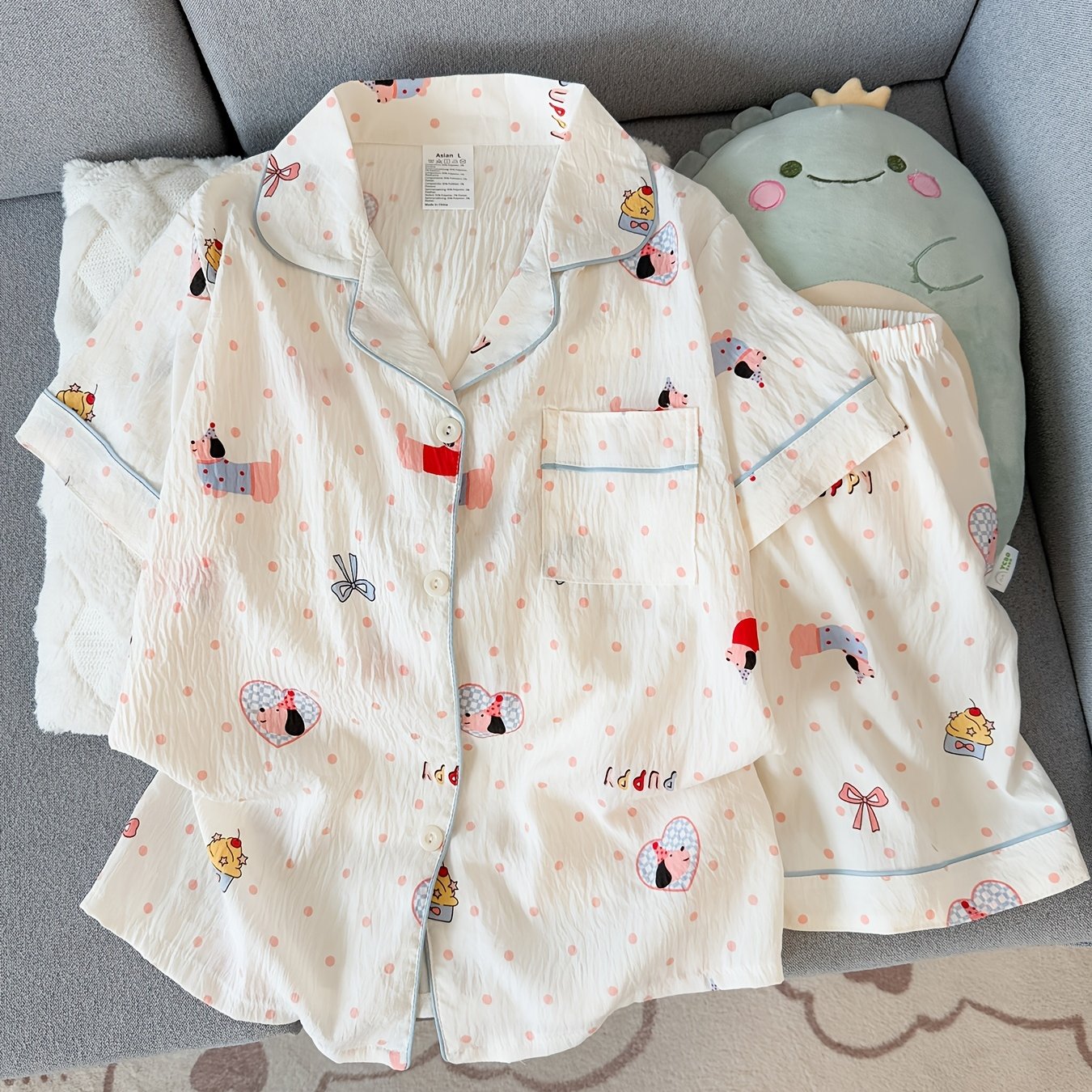 TEMU 【商品名】レディース 夏 薄手 子犬 半袖 ショートパンツ キュート 夏のお出かけ ホームウェア セットアップ 2点