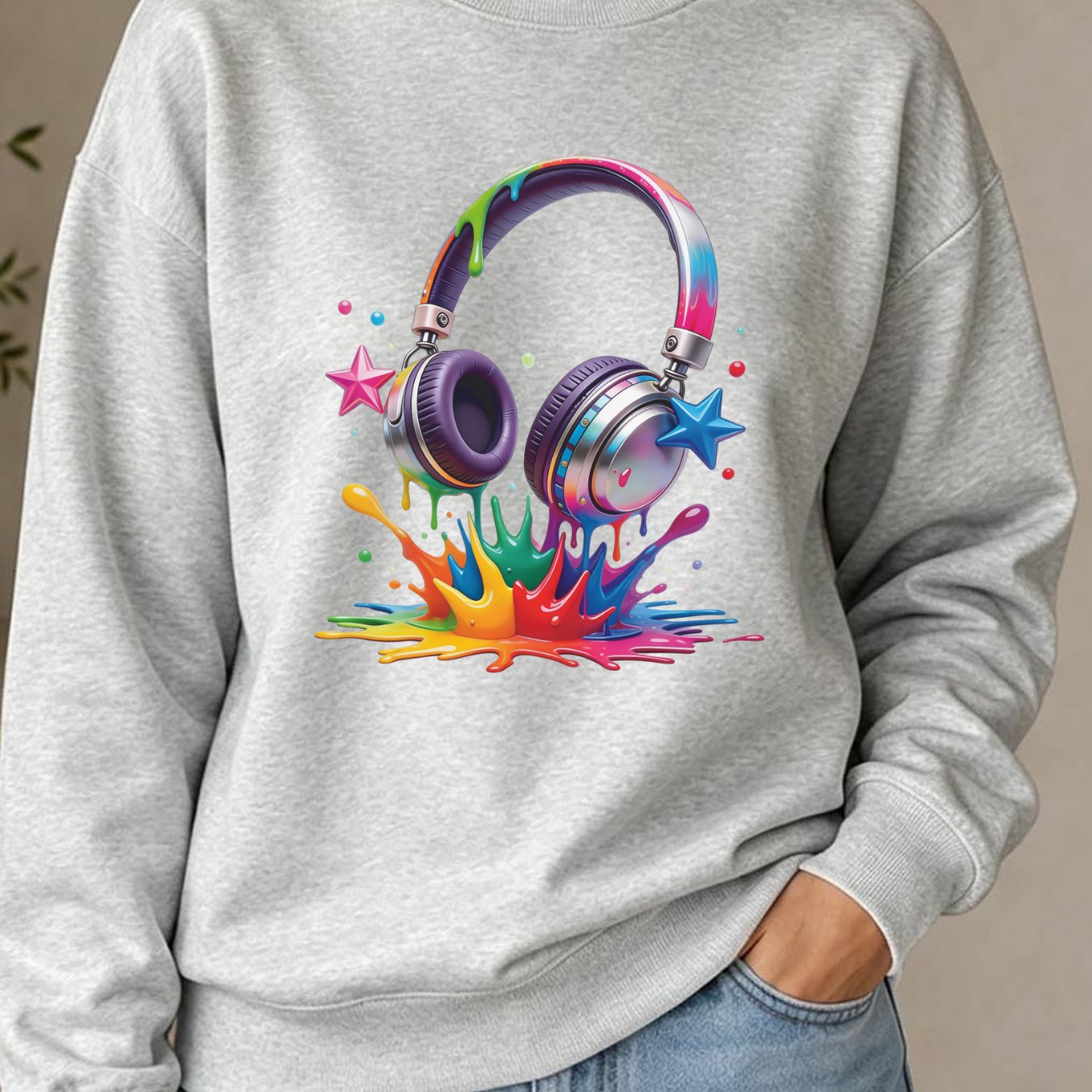 Image of Y2k Women's Pullover Sweatshirt With Colorful Headphone Print And Splatter Stars, Loose Fit Casual Tee, Minimalist White, Machine Washable, Local Stock