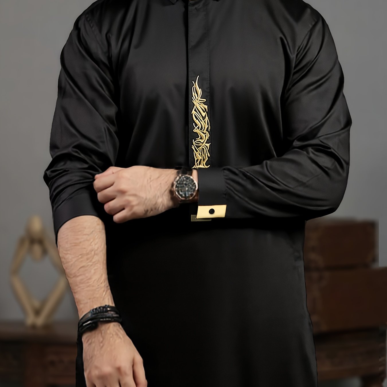 's Long-sleeve Lapel Robe With Golden Patterns, A Middle Eastern Traditional Arabic , Suitable For Eid Al-fitr And Eid Celebrations, Gift For Eld, Gift For Ramadan